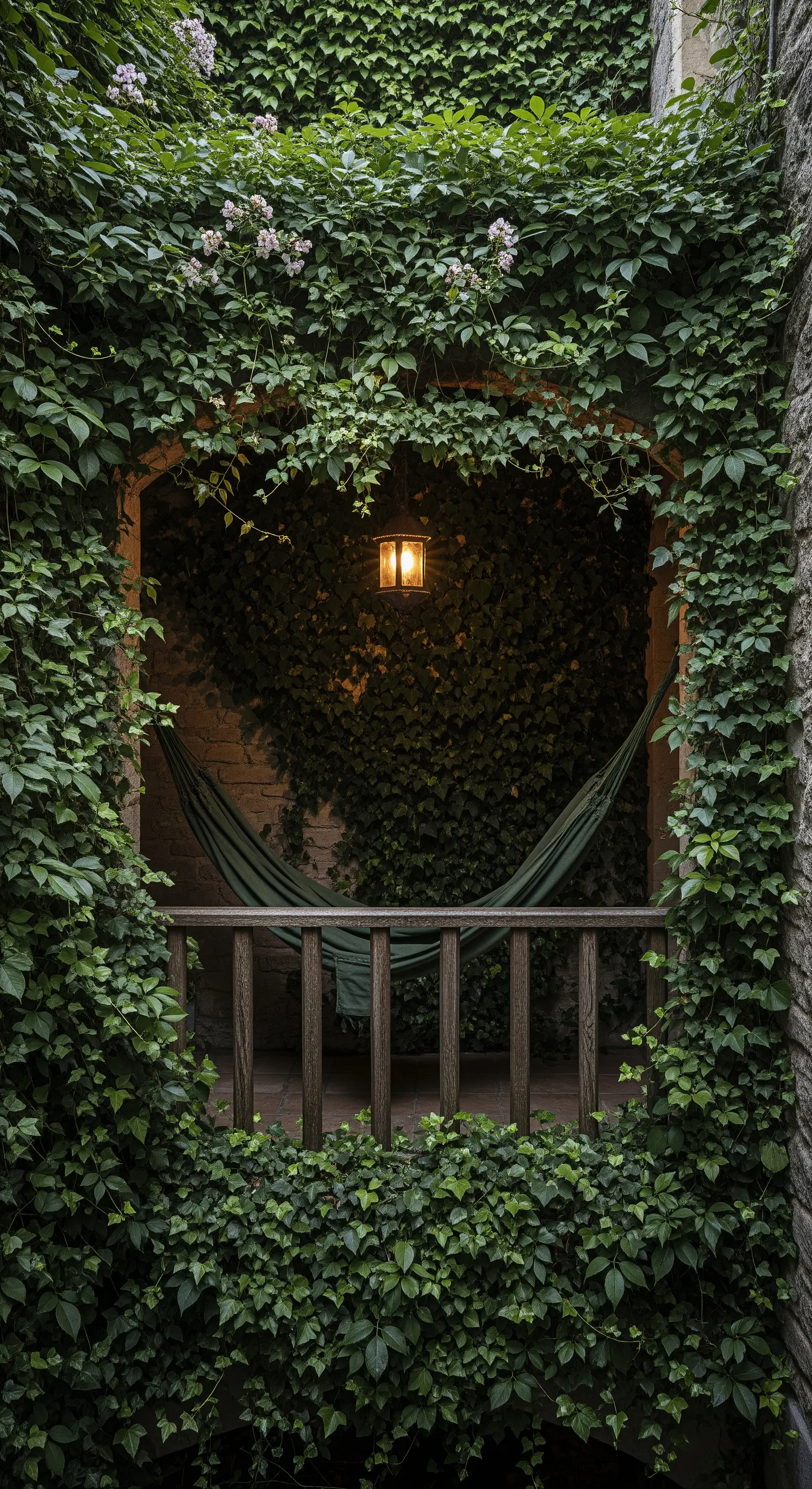 Amaca verde su un balcone interamente ricoperto di edera, con una lanterna accesa.
