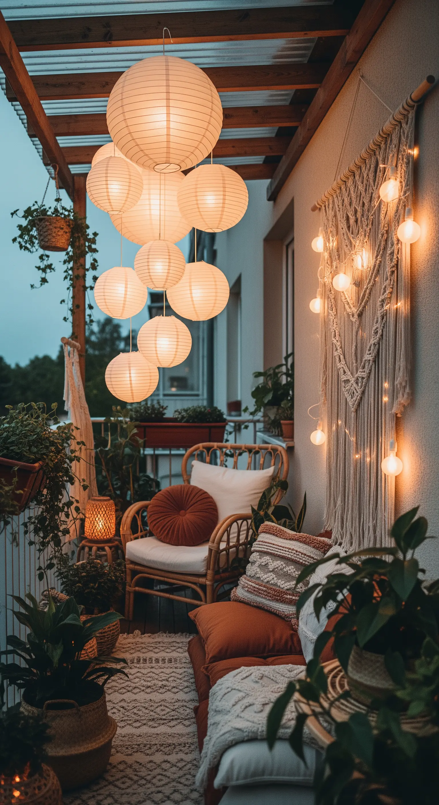 Balcone in stile boho con un grappolo di lanterne di carta accese e luci intrecciate nel macramè