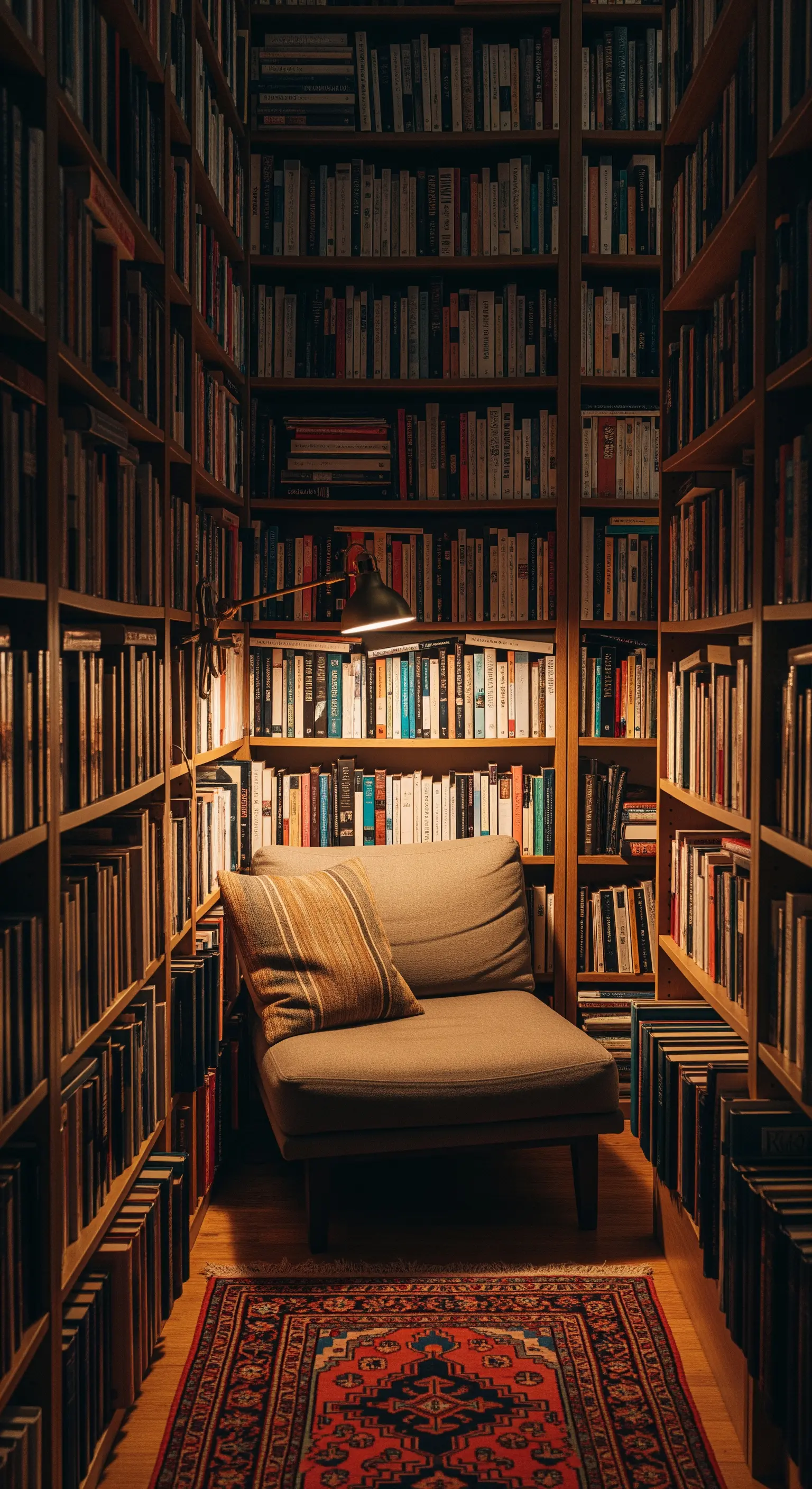Angolo lettura stretto e accogliente ricavato in un corridoio di librerie a tutta altezza.
