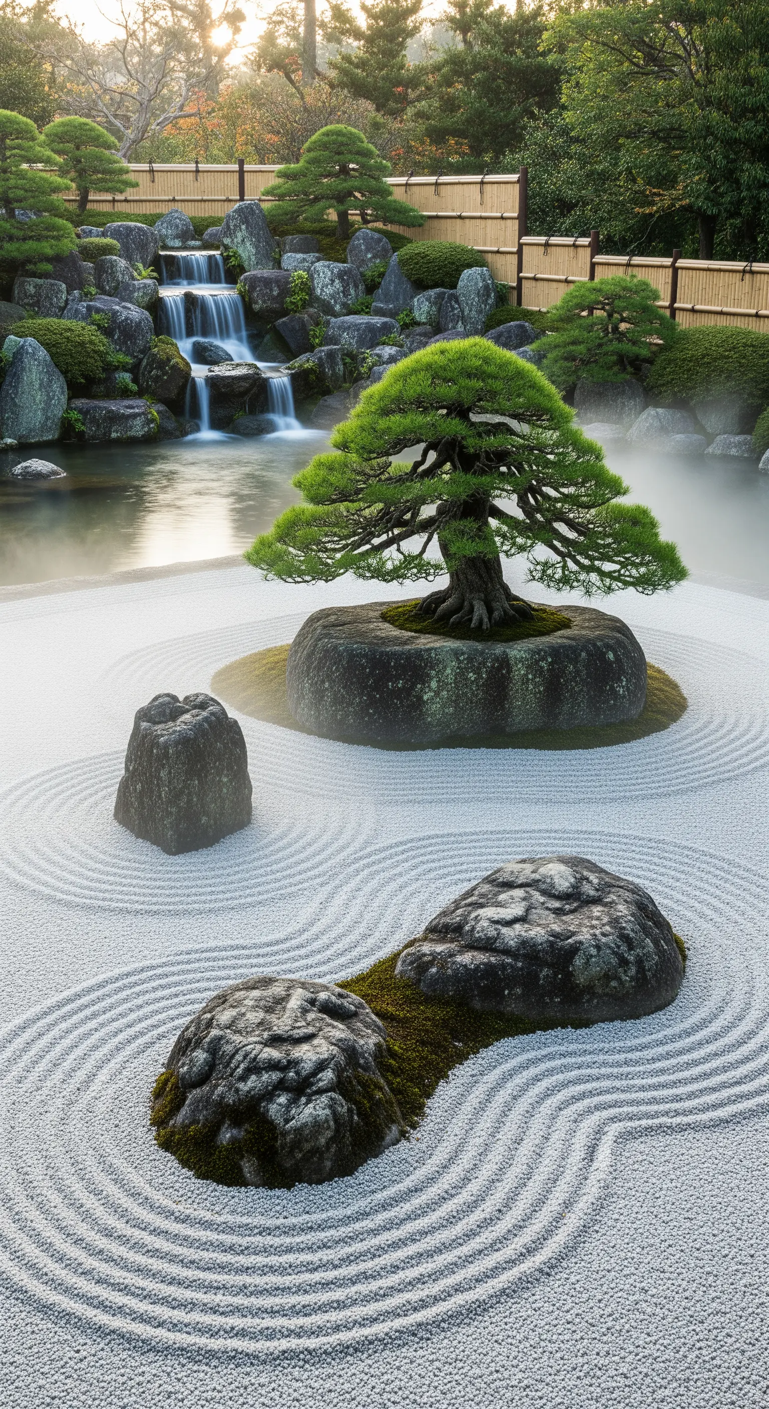 Giardino zen con bonsai, sabbia rastrellata a onde e cascata sullo sfondo