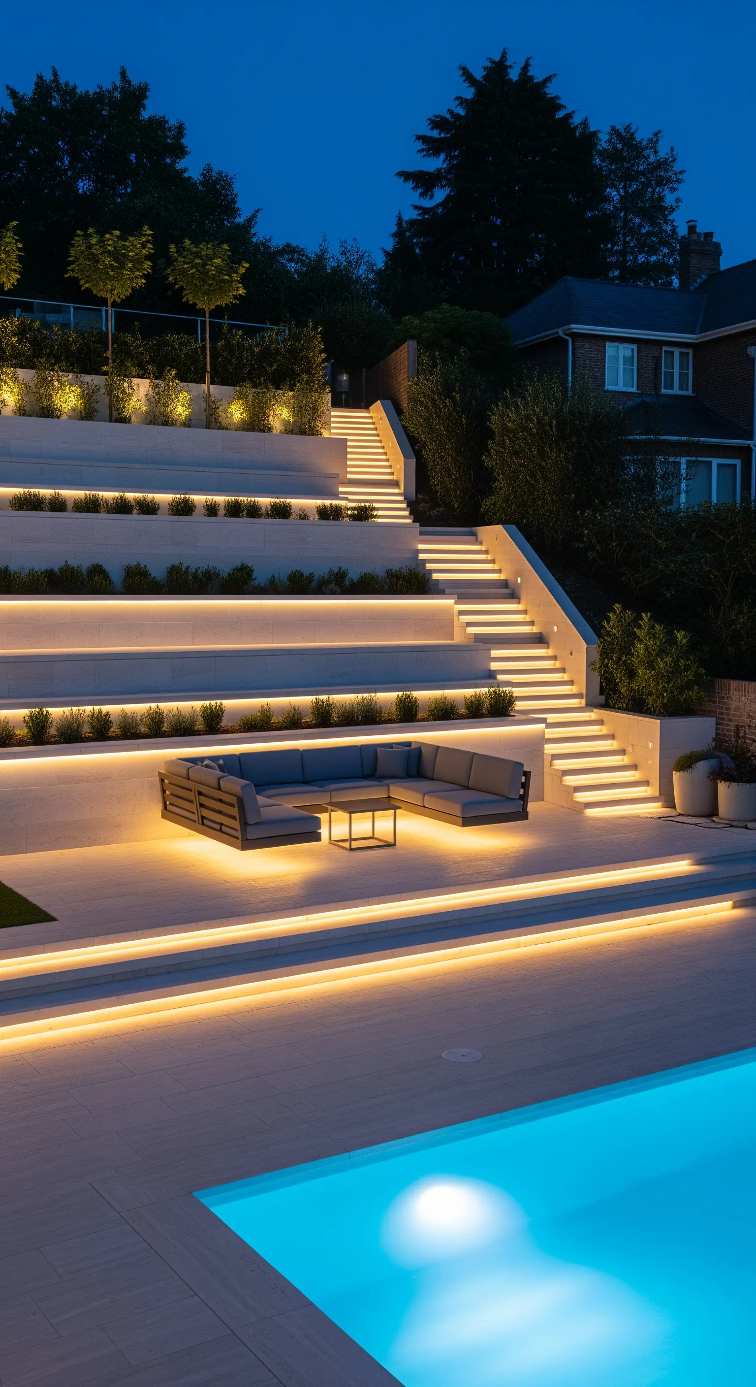 Grande giardino terrazzato con lunghe strisce LED che illuminano ogni livello e le scale di notte.