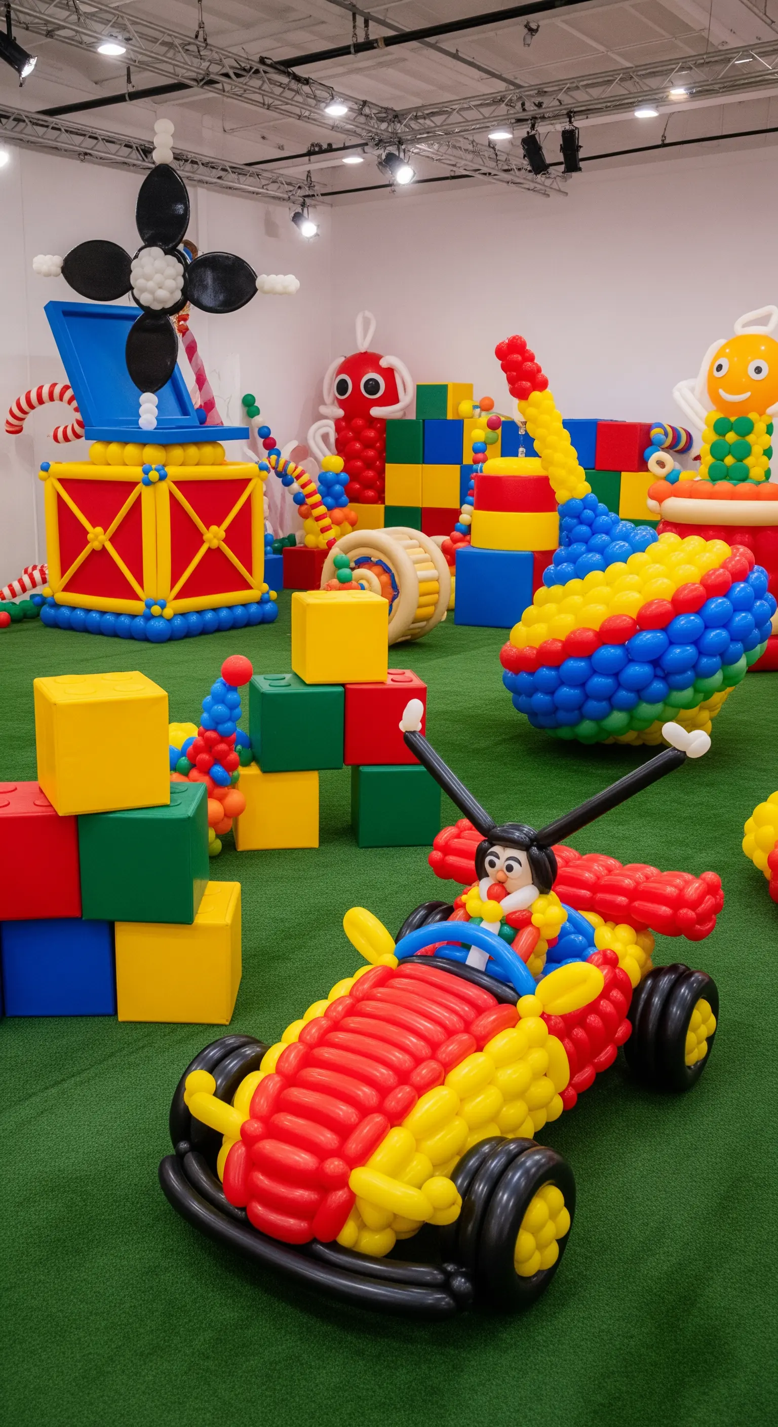 Stanza dei giochi gigante con giocattoli classici (trottola, macchinina) fatti di palloncini.