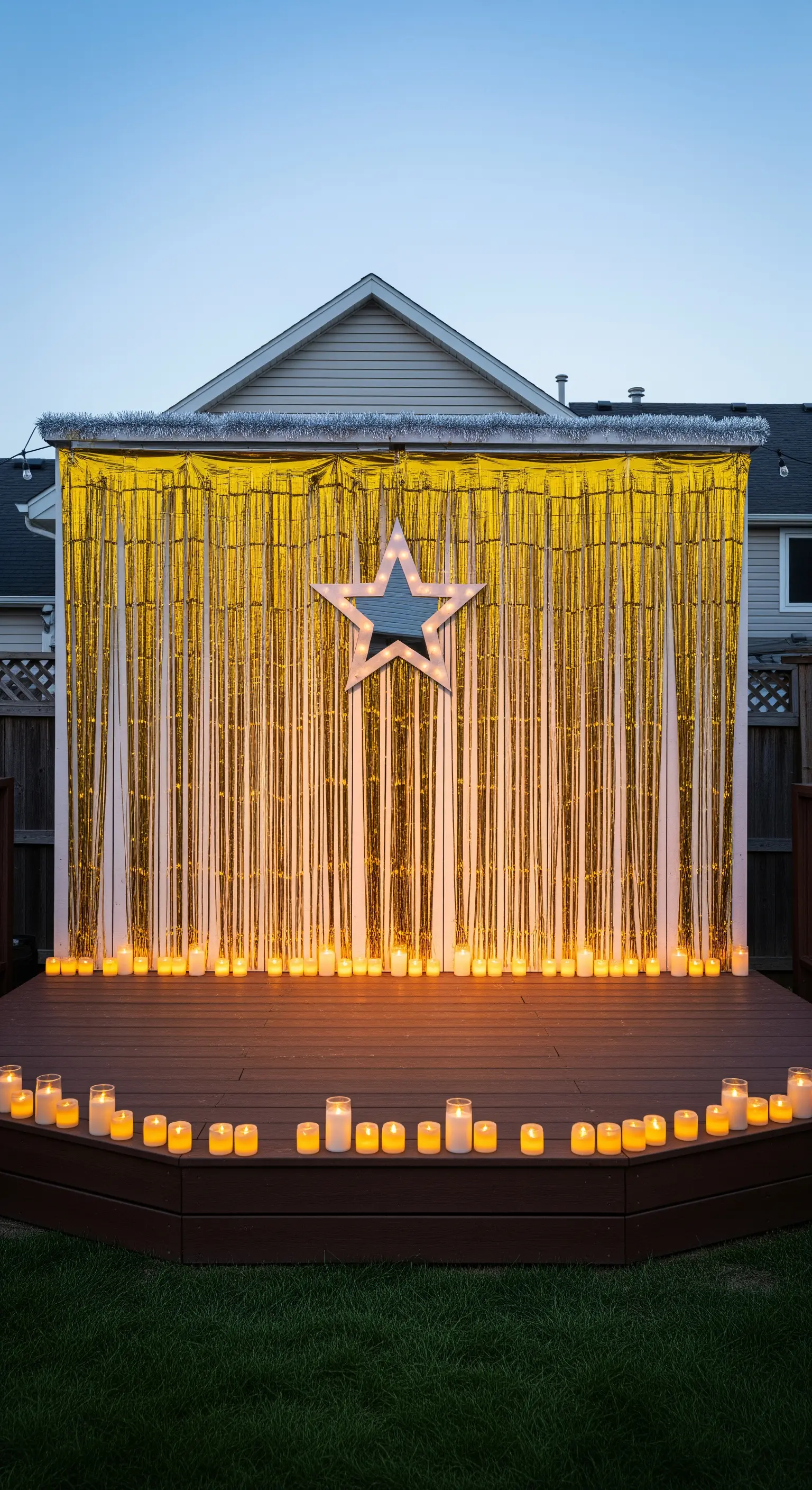 Palco da giardino con sfondo dorato a frange, specchio a stella e candele.