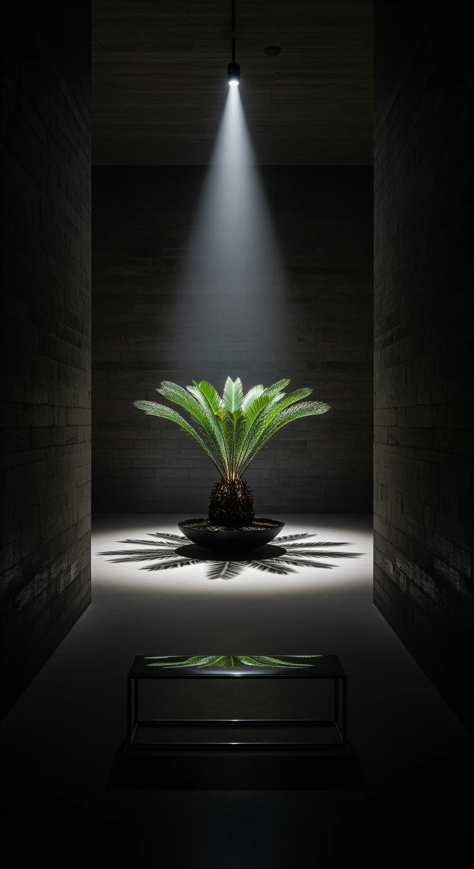 Piccola palma da sago illuminata da un singolo faretto in un corridoio buio e minimalista.