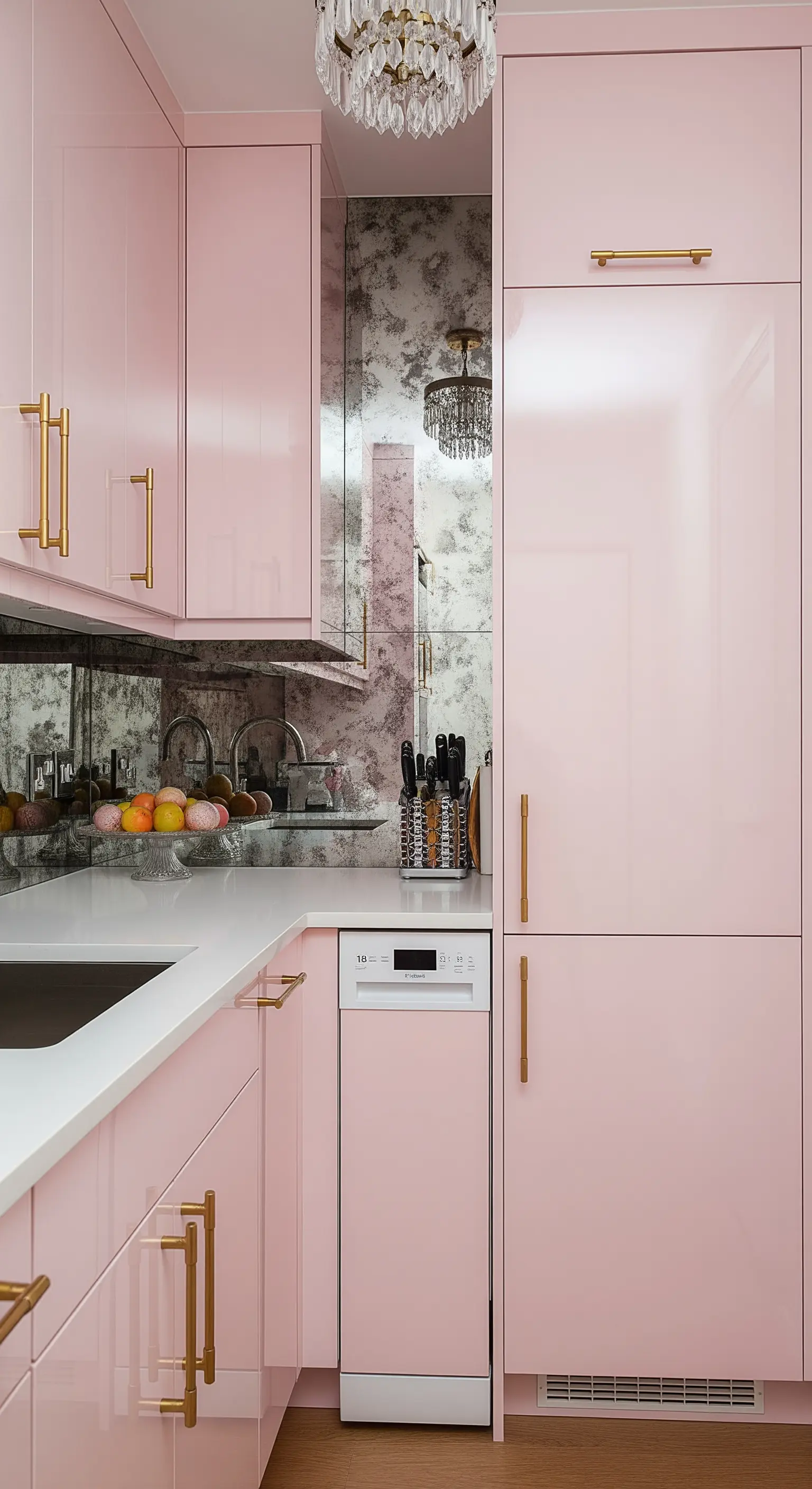 Cucina rosa con paraschizzi a specchio anticato che riflette la luce.