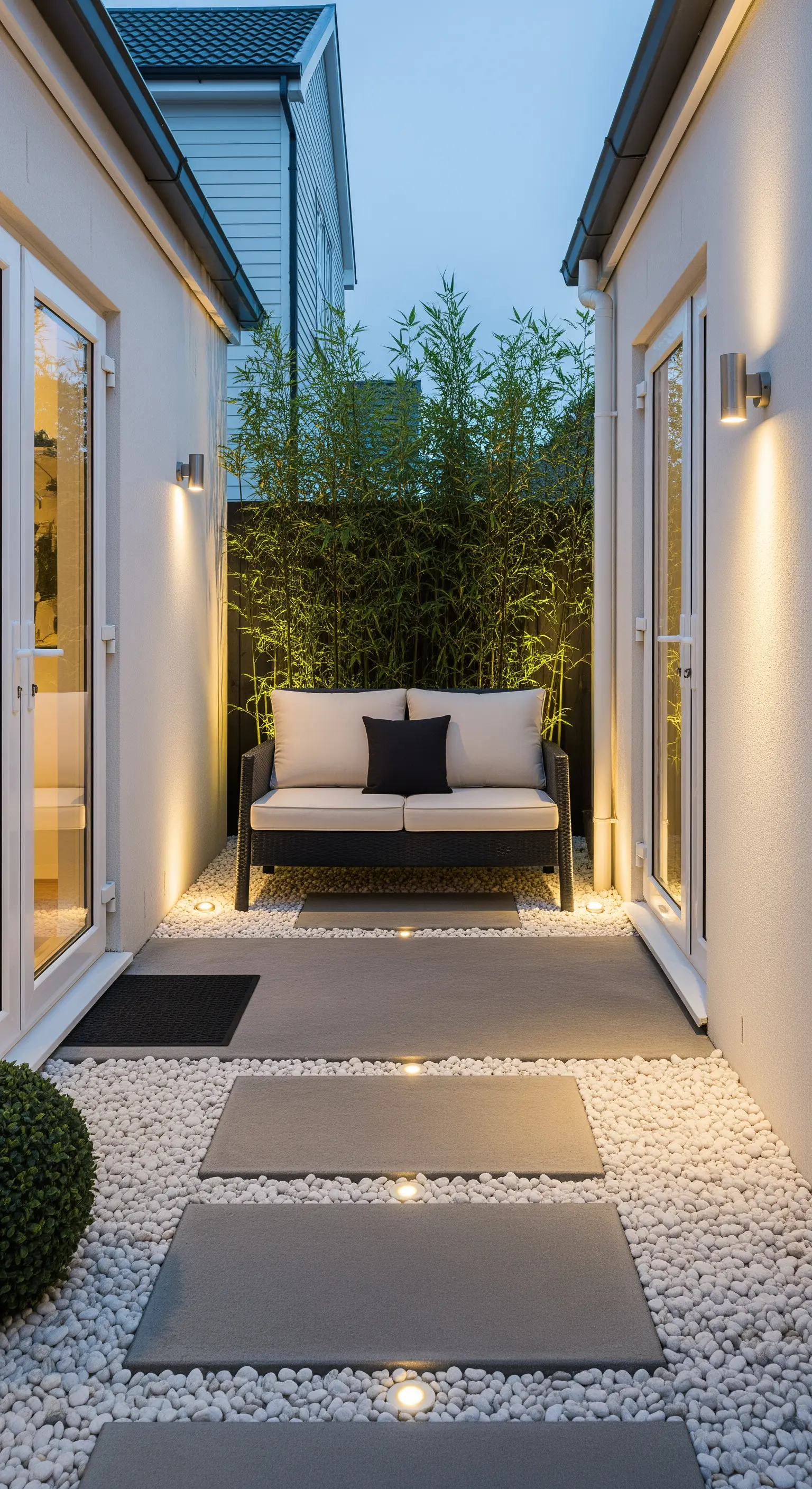 Stretto patio con divanetto, camminamento in lastre su ciottoli e bambù illuminato.