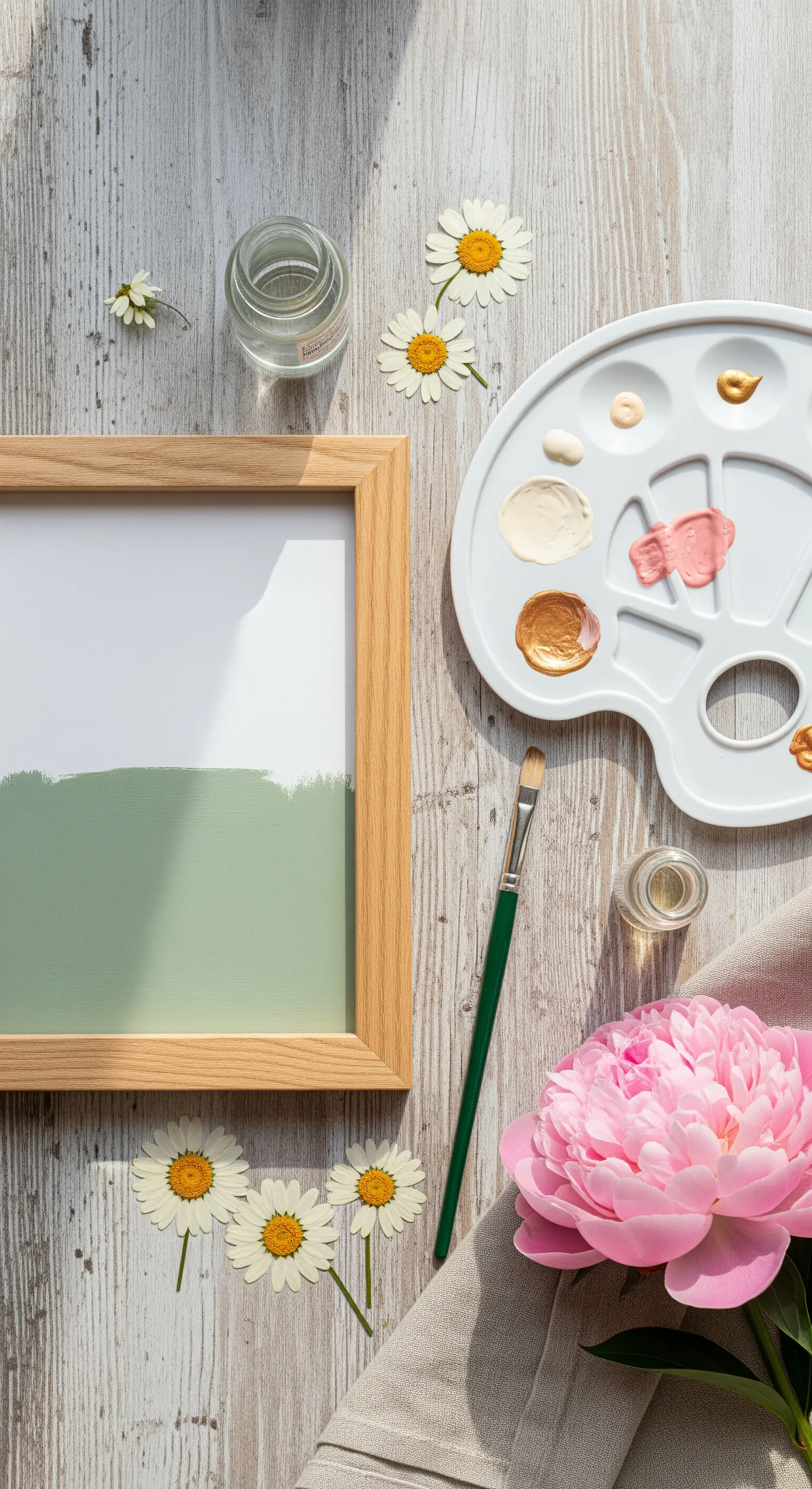 Cornice in legno con passe-partout dipinto di verde salvia, accanto a fiori e colori.