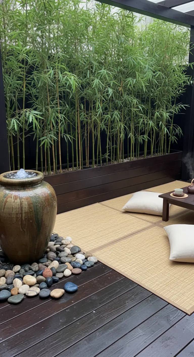 Patio esterno con pavimento in legno, tatami, cuscini, e una grande fontana in ceramica.