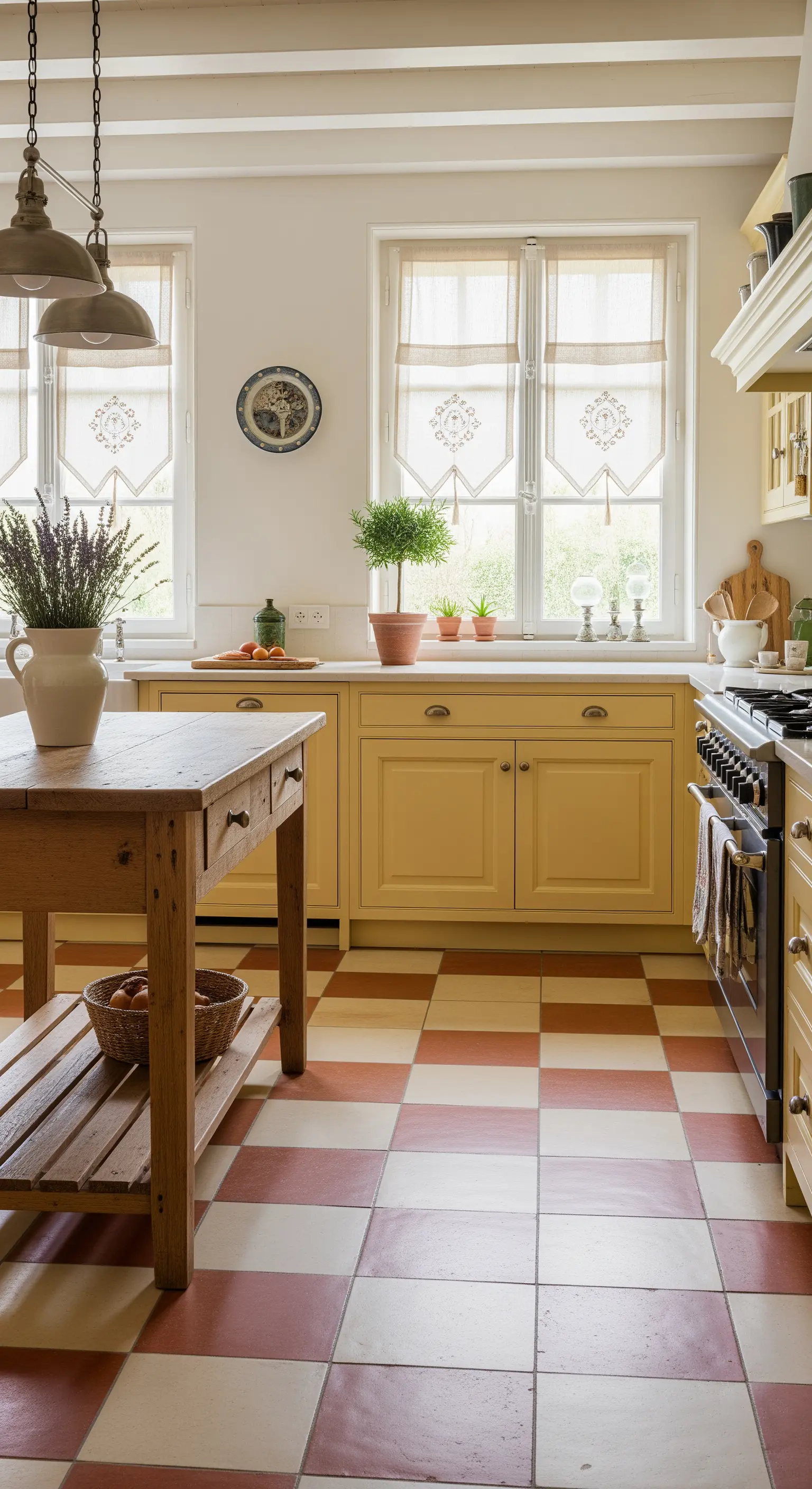 Cucina country con pavimento a scacchi terracotta e bianco e mobili gialli.