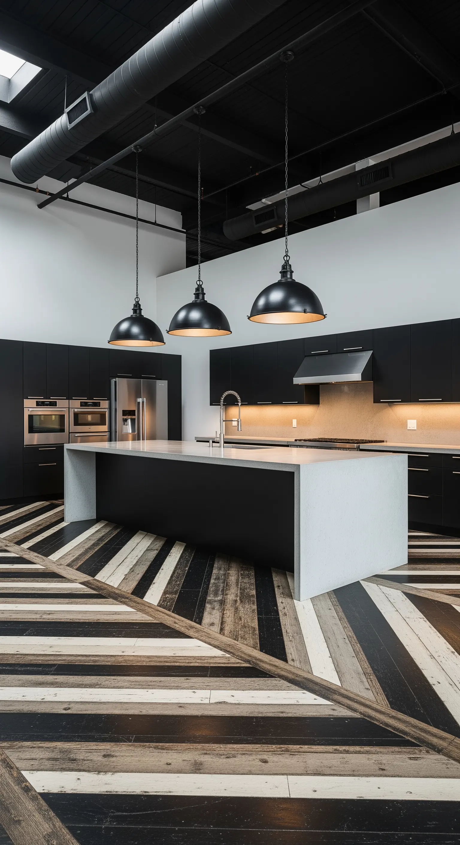 Cucina industrial con pavimento in legno a listoni geometrici neri, bianchi e naturali.