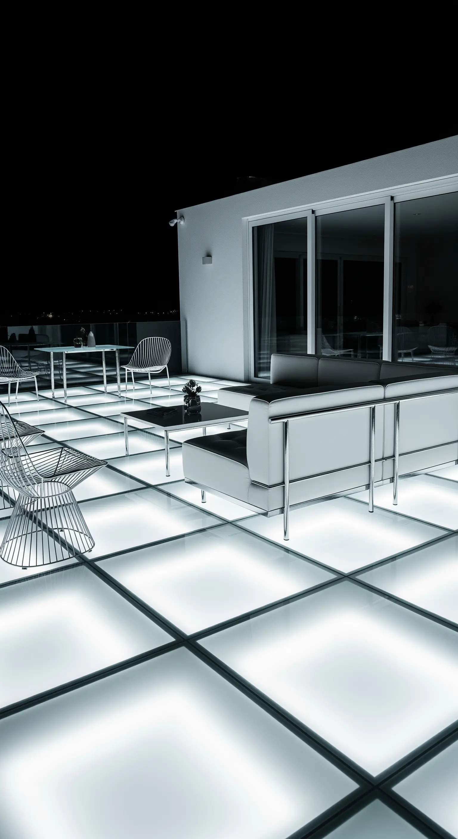 Terrazza con pavimento interamente retroilluminato e arredi minimalisti in metallo e pelle.