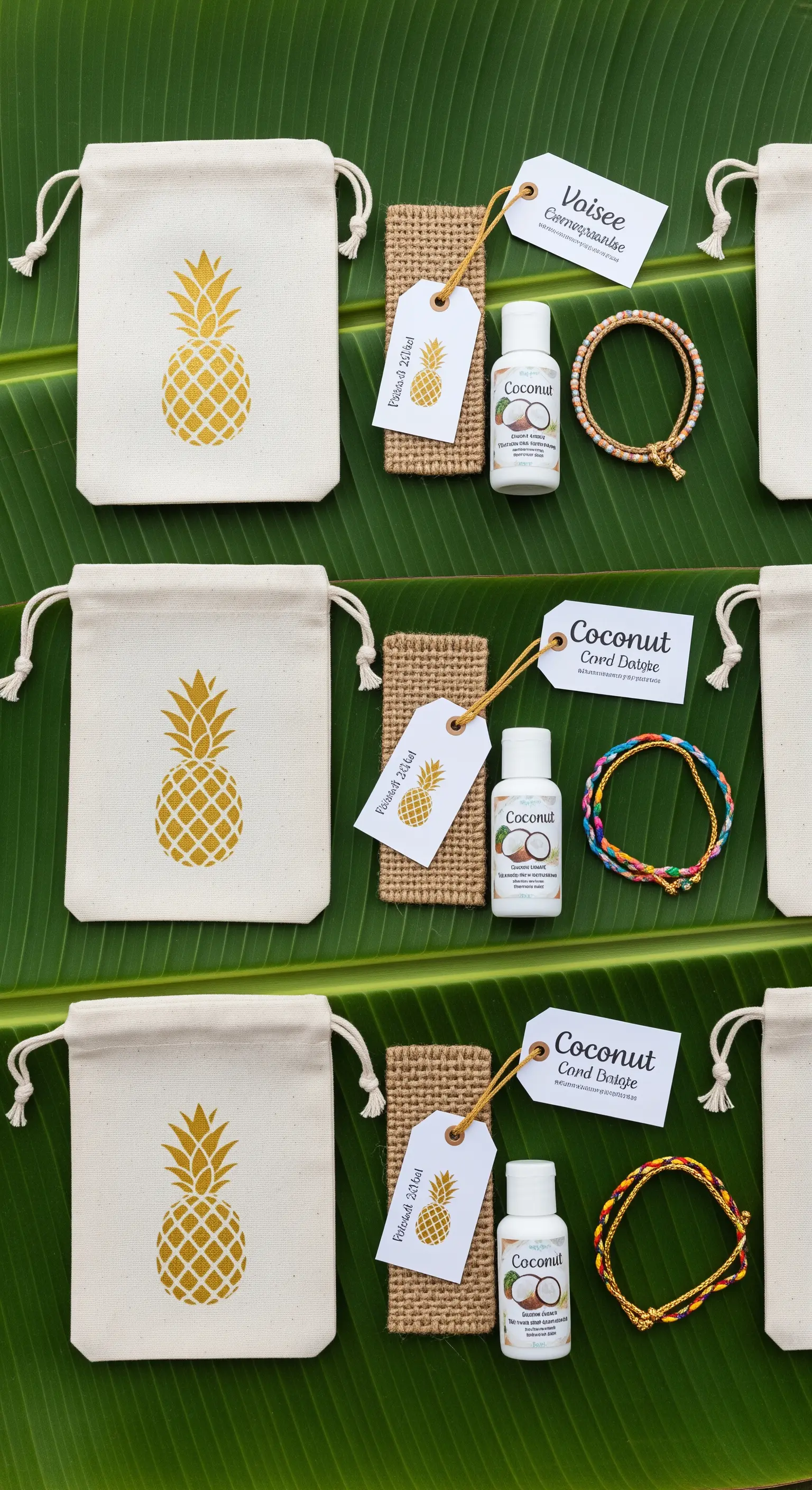 Bomboniere per festa a tema tropicale: sacchetti di cotone, crema al cocco e braccialetti.