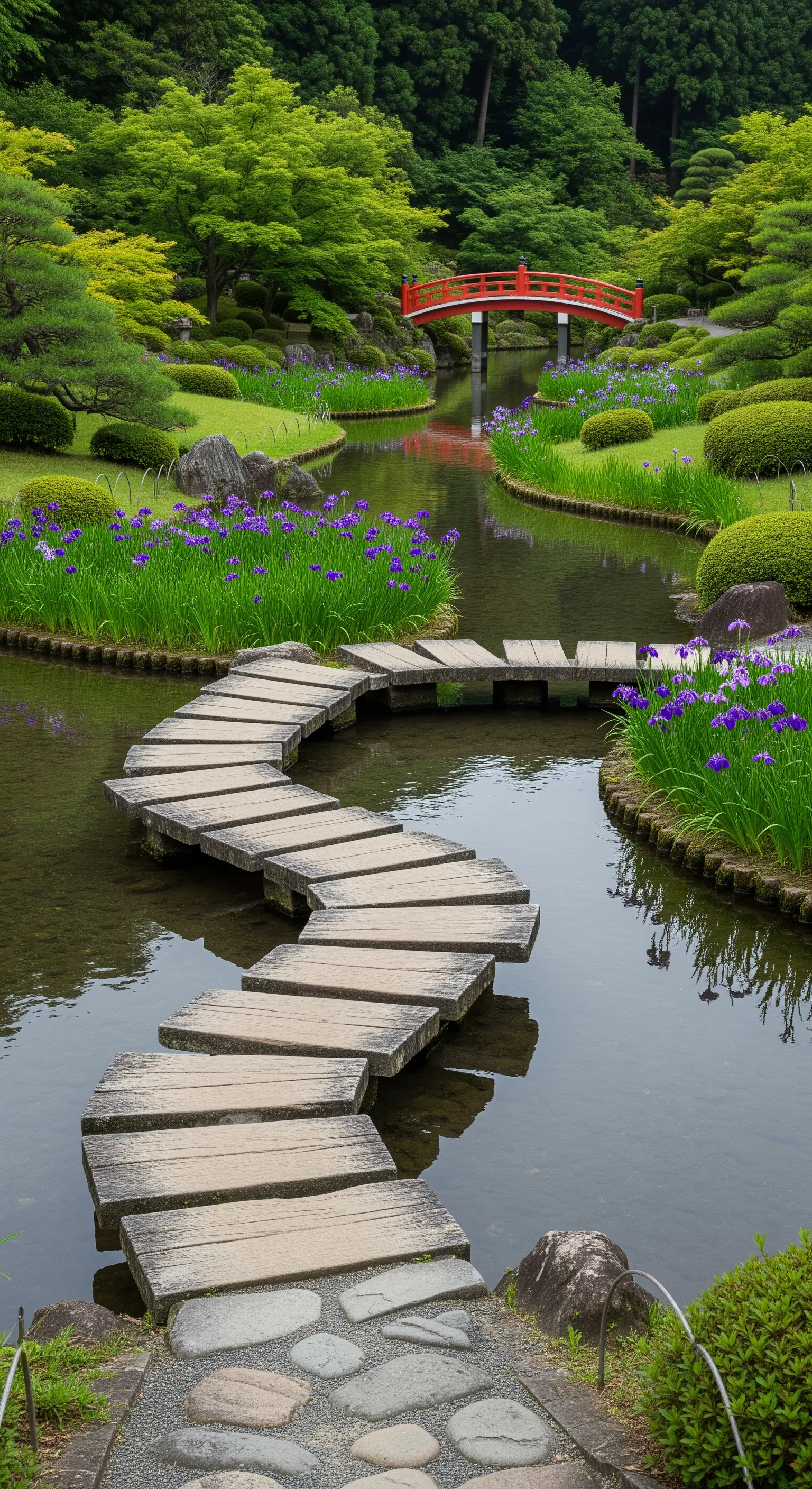 Sentiero a zigzag in legno su un ruscello con iris viola, che conduce a un ponte rosso.