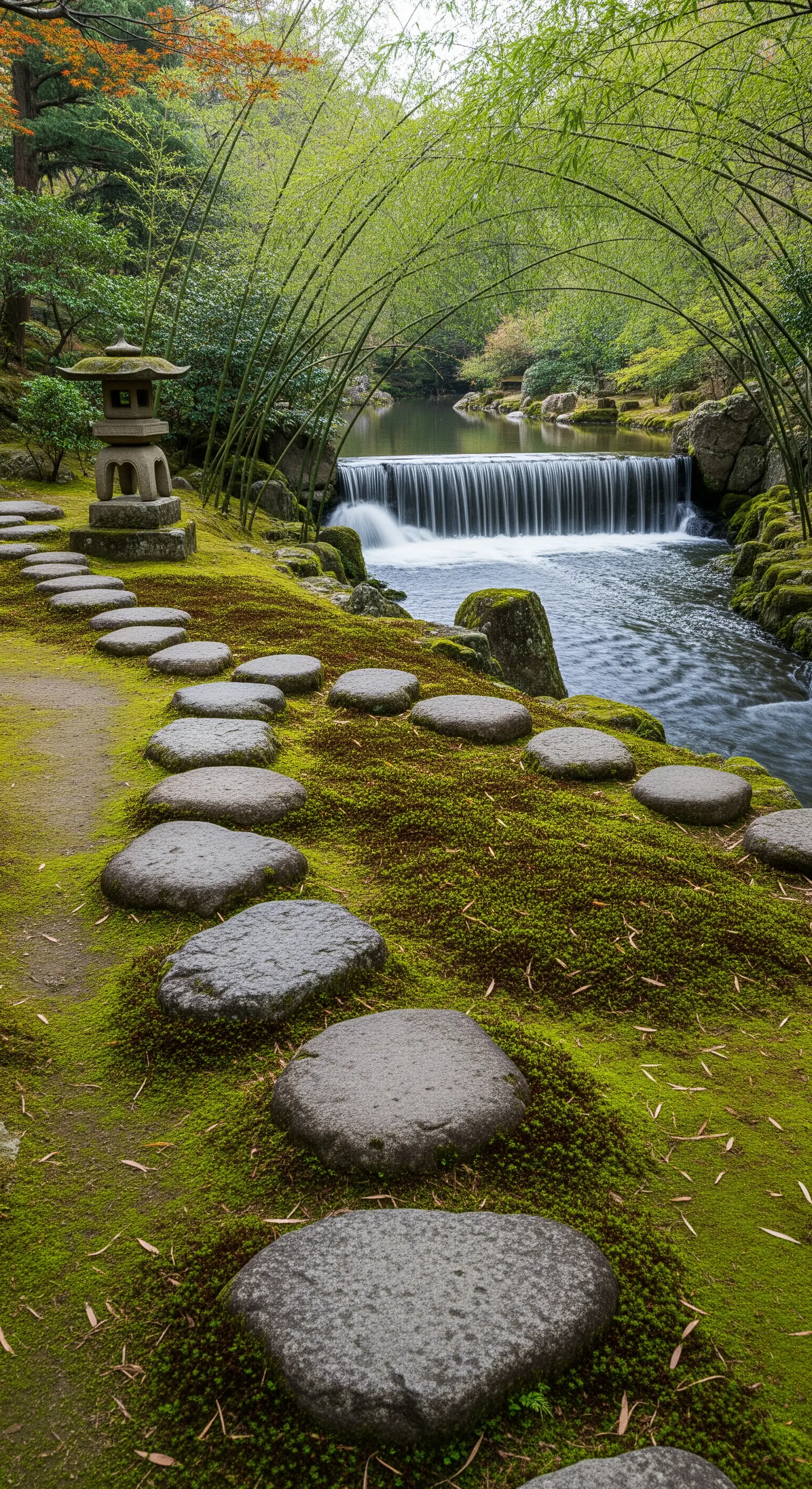 Sentiero di pietre lungo un fiume, sotto un arco di piante di bambù.