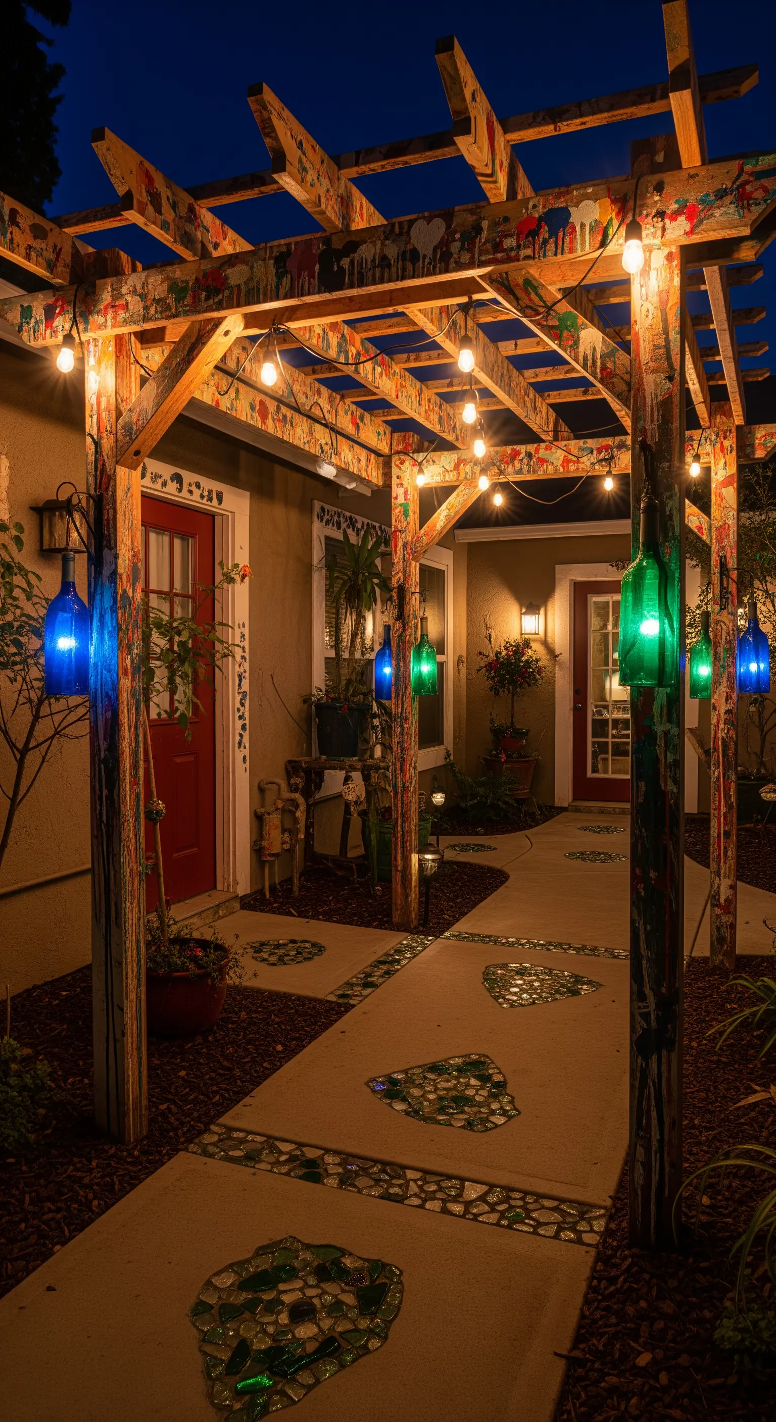 Pergolato con pilastri dipinti a mano e lanterne fatte con bottiglie di vetro blu e verdi.