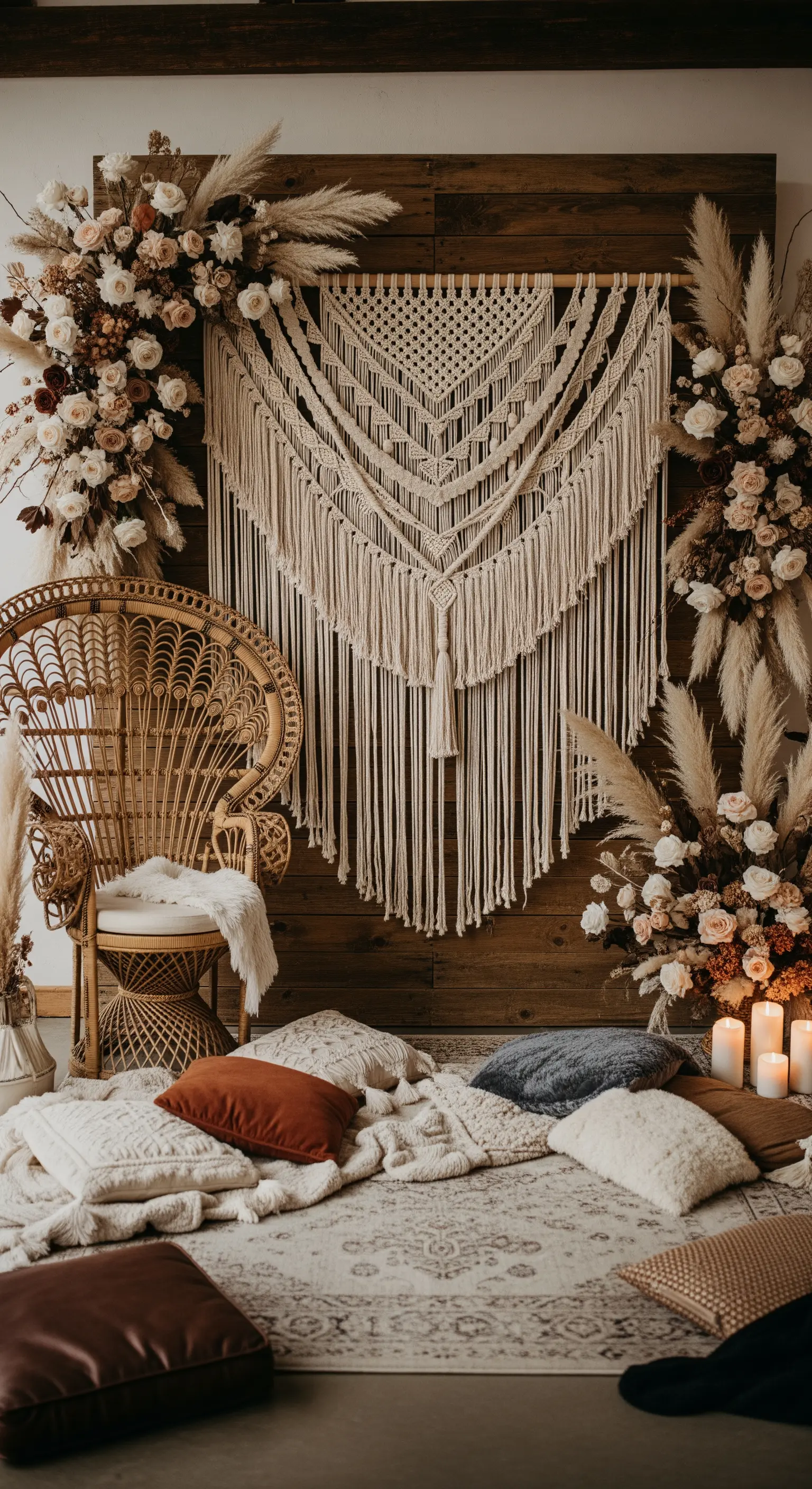 Angolo foto con sedia a pavone, backdrop in macramè, tappeti e cuscini a terra.