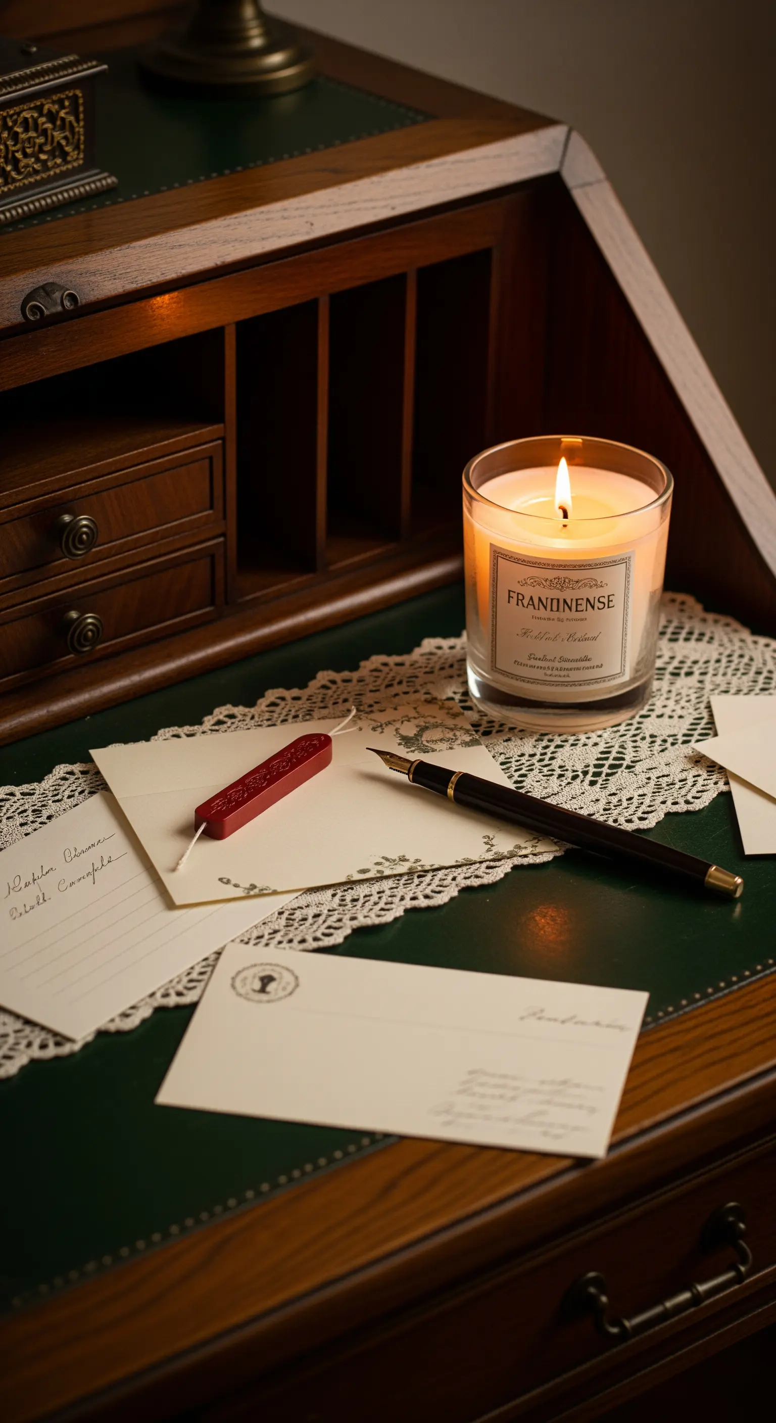 Scrittoio in legno con candela accesa, carta da lettere e sigillo in ceralacca rossa.