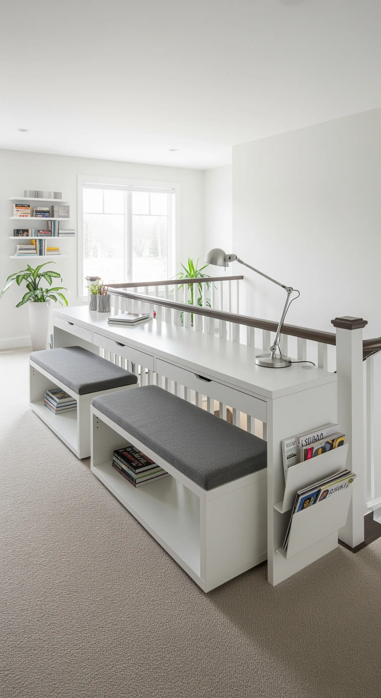 Lunga scrivania bianca con panche contenitore posizionata lungo il parapetto di un pianerottolo.