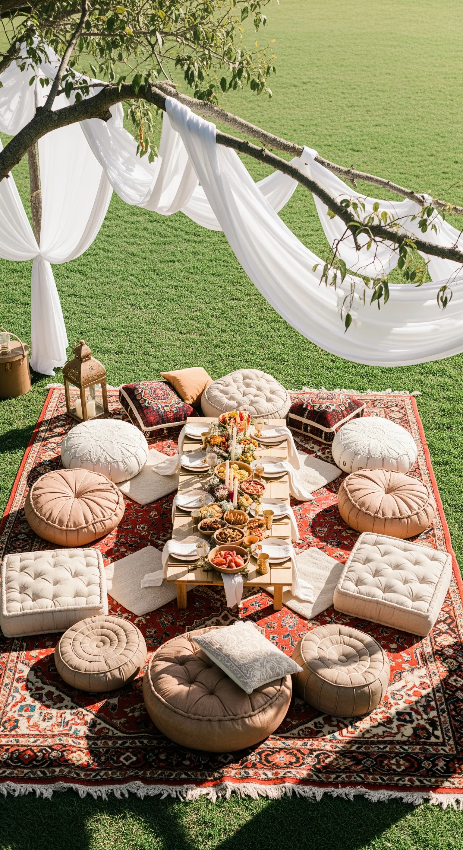 Allestimento per picnic bohémien con tappeto persiano, tavolo basso e cuscini sul prato.