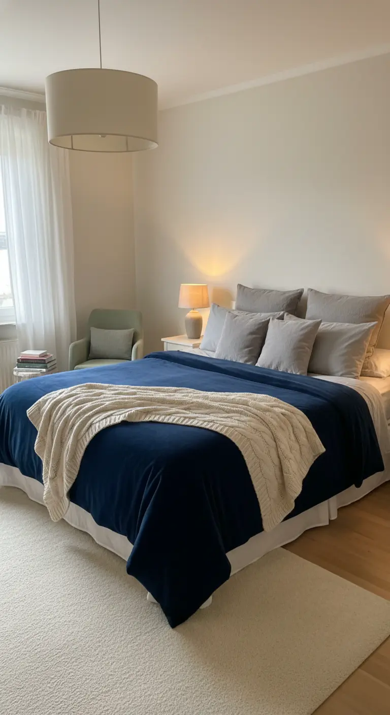 Plaid in velluto blu notte piegato su un letto con lenzuola bianche e cuscini grigi.