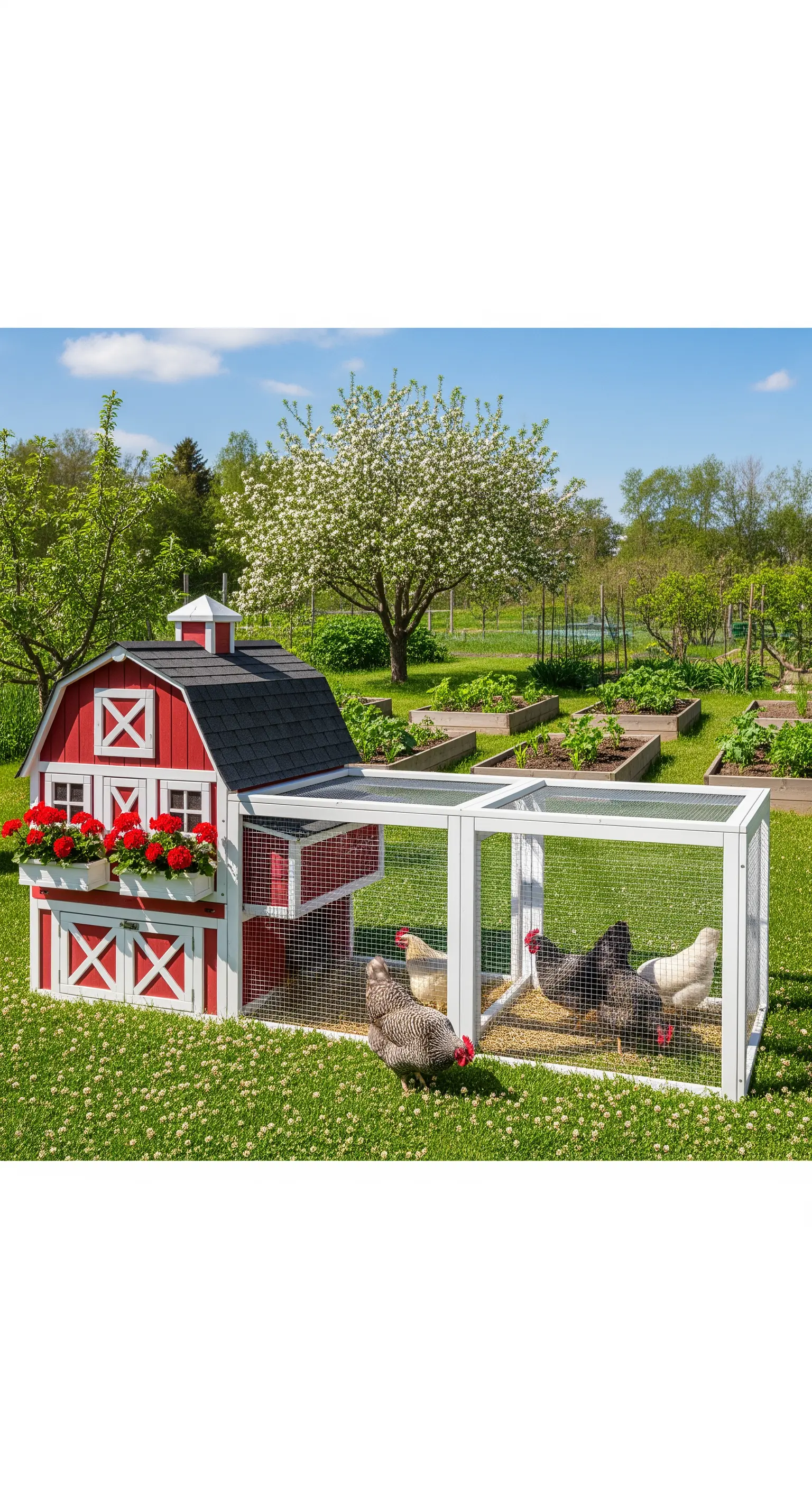Pollaio decorativo rosso e bianco a forma di fienile in un giardino curato.