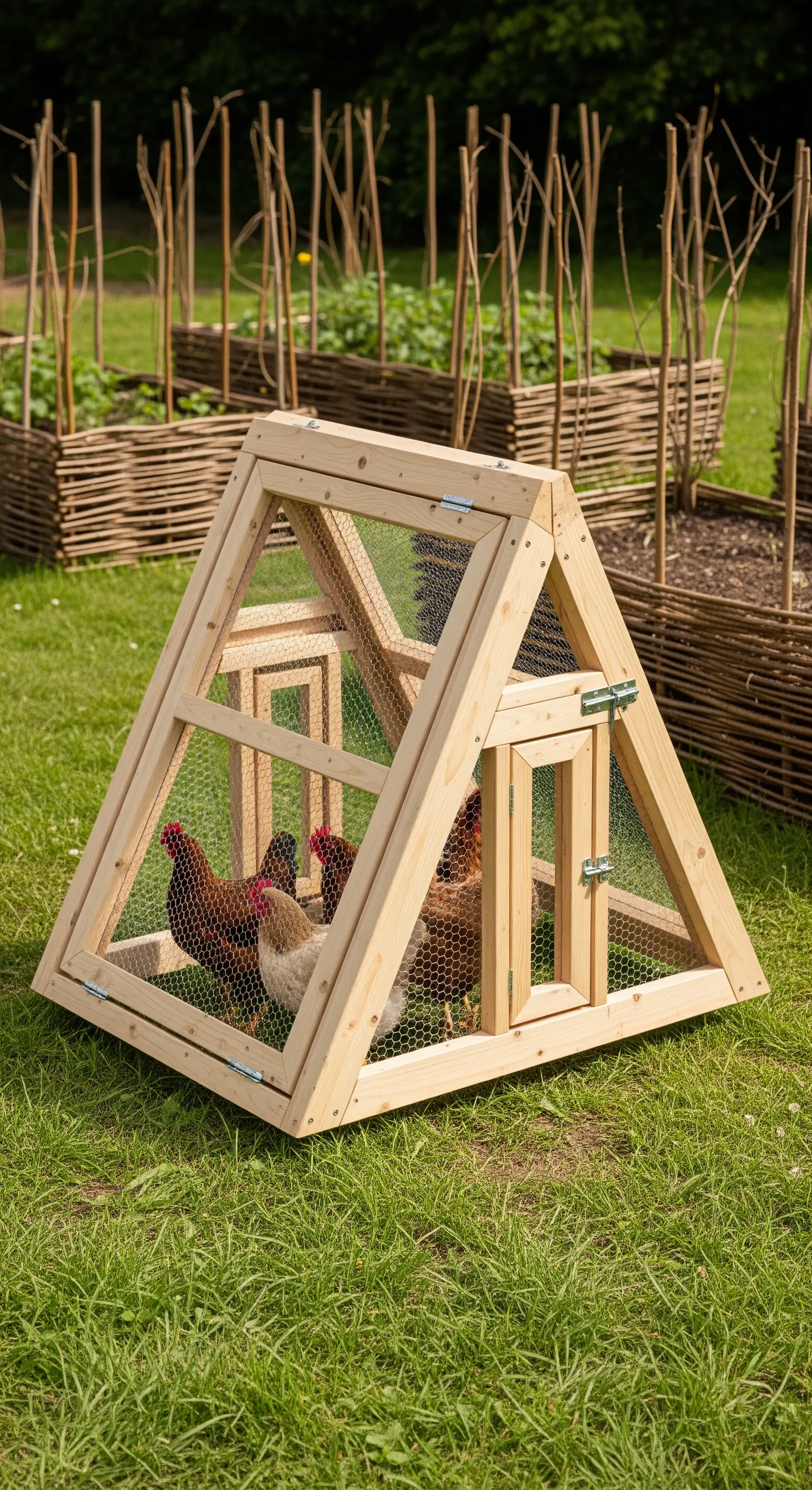 Pollaio mobile a forma di A in legno chiaro, posizionato su un prato verde.