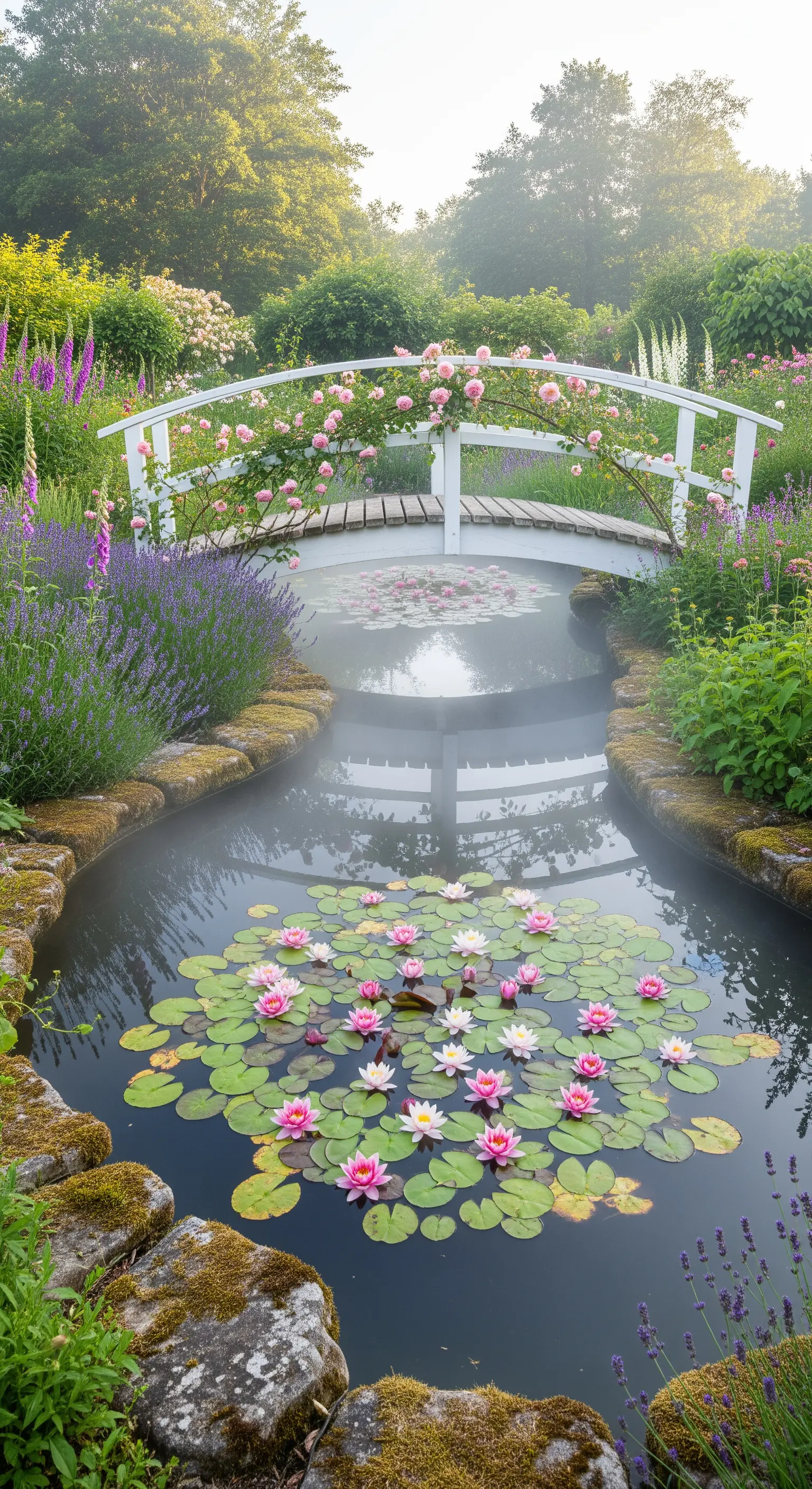 Ponticello bianco ad arco coperto di rose rosa sopra un laghetto con ninfee