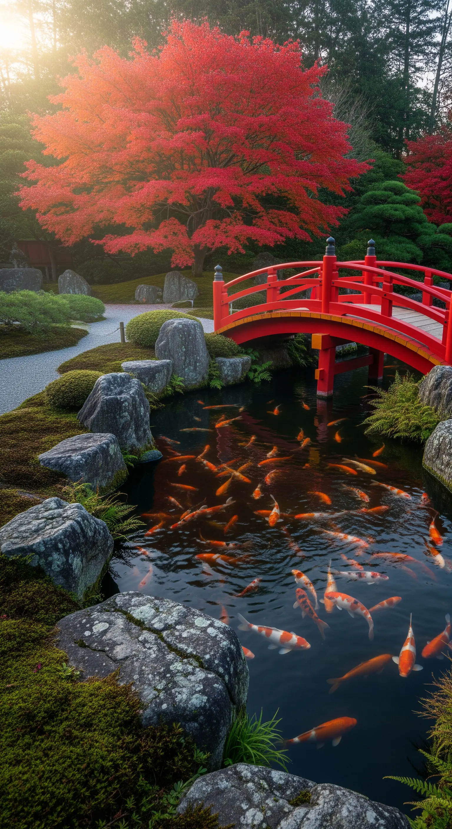 Ponticello in legno rosso su un laghetto di carpe koi, circondato da aceri.