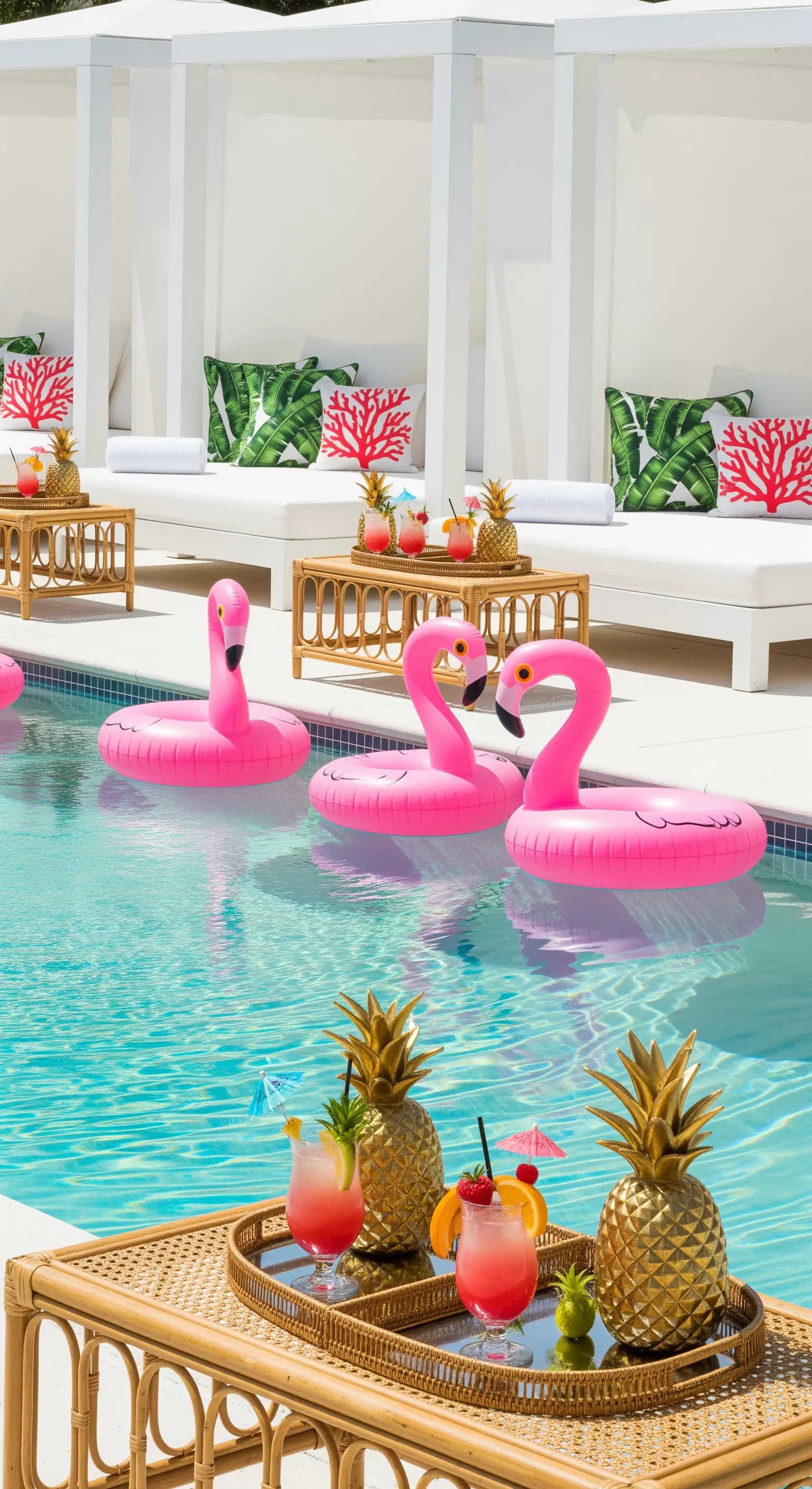 Piscina con gonfiabili a forma di fenicottero rosa e lettini bianchi con cuscini a tema tropicale.