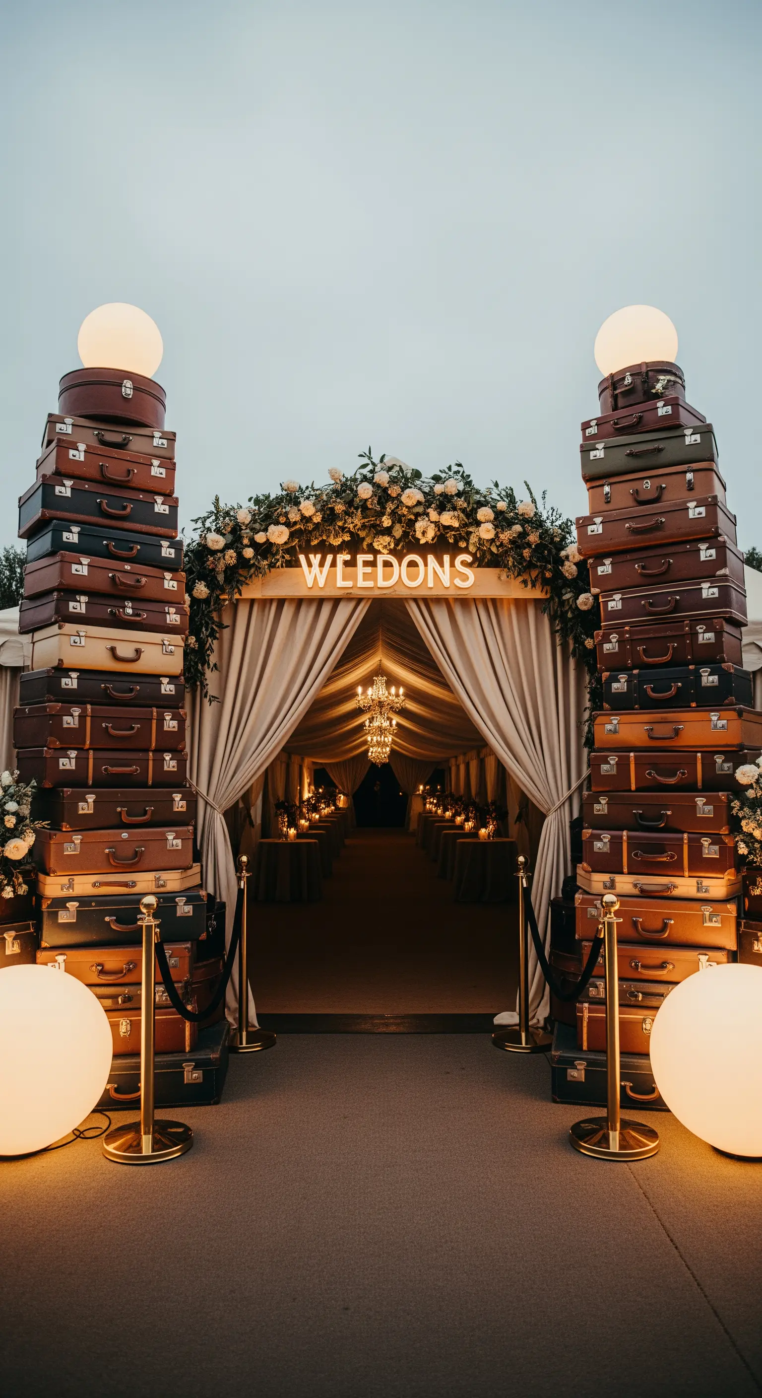 Ingresso al ricevimento nuziale con due torri di valigie vintage e un'insegna al neon.