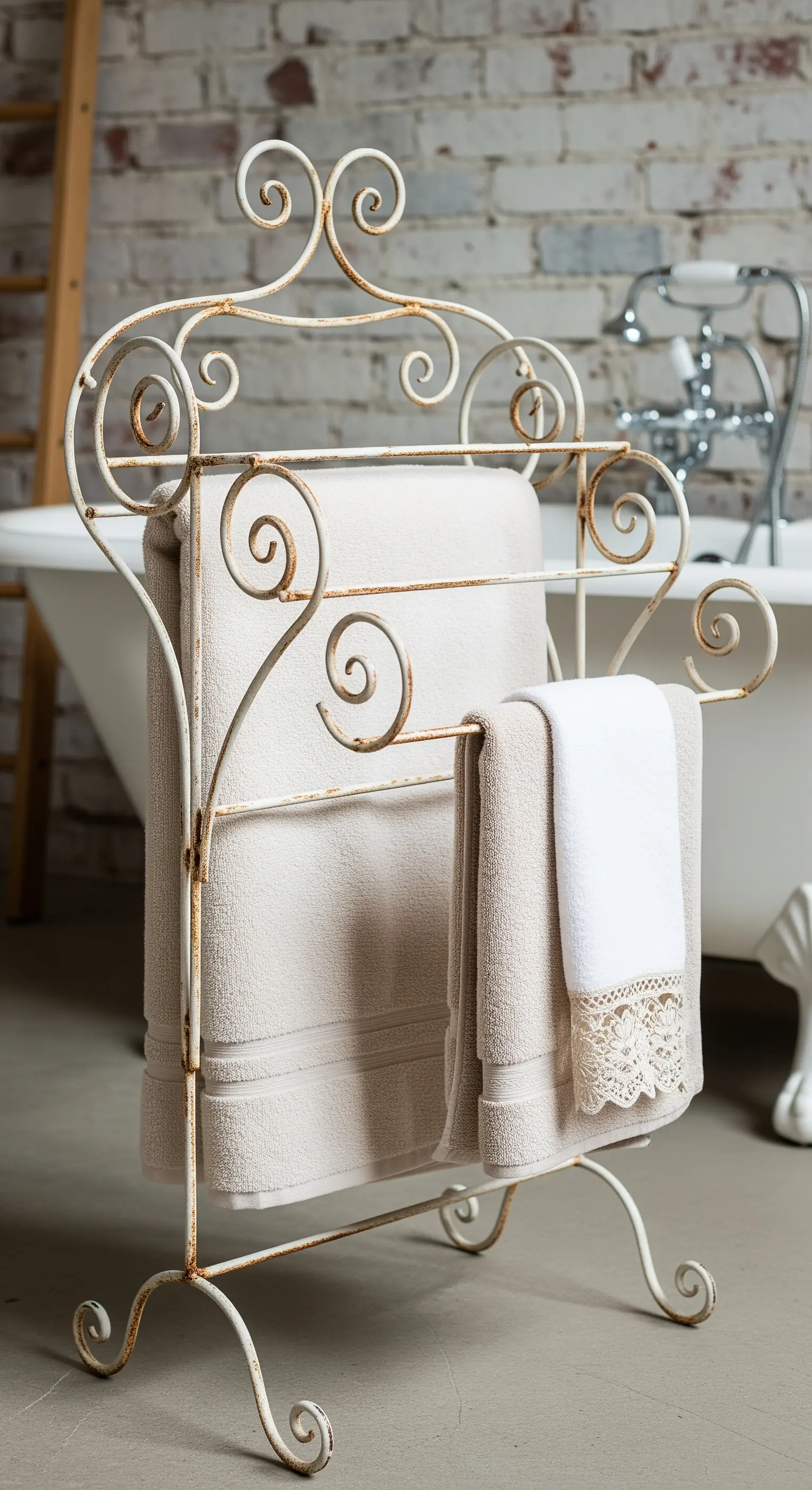 Portasciugamani vintage in ferro battuto bianco con volute e accenni di ruggine.