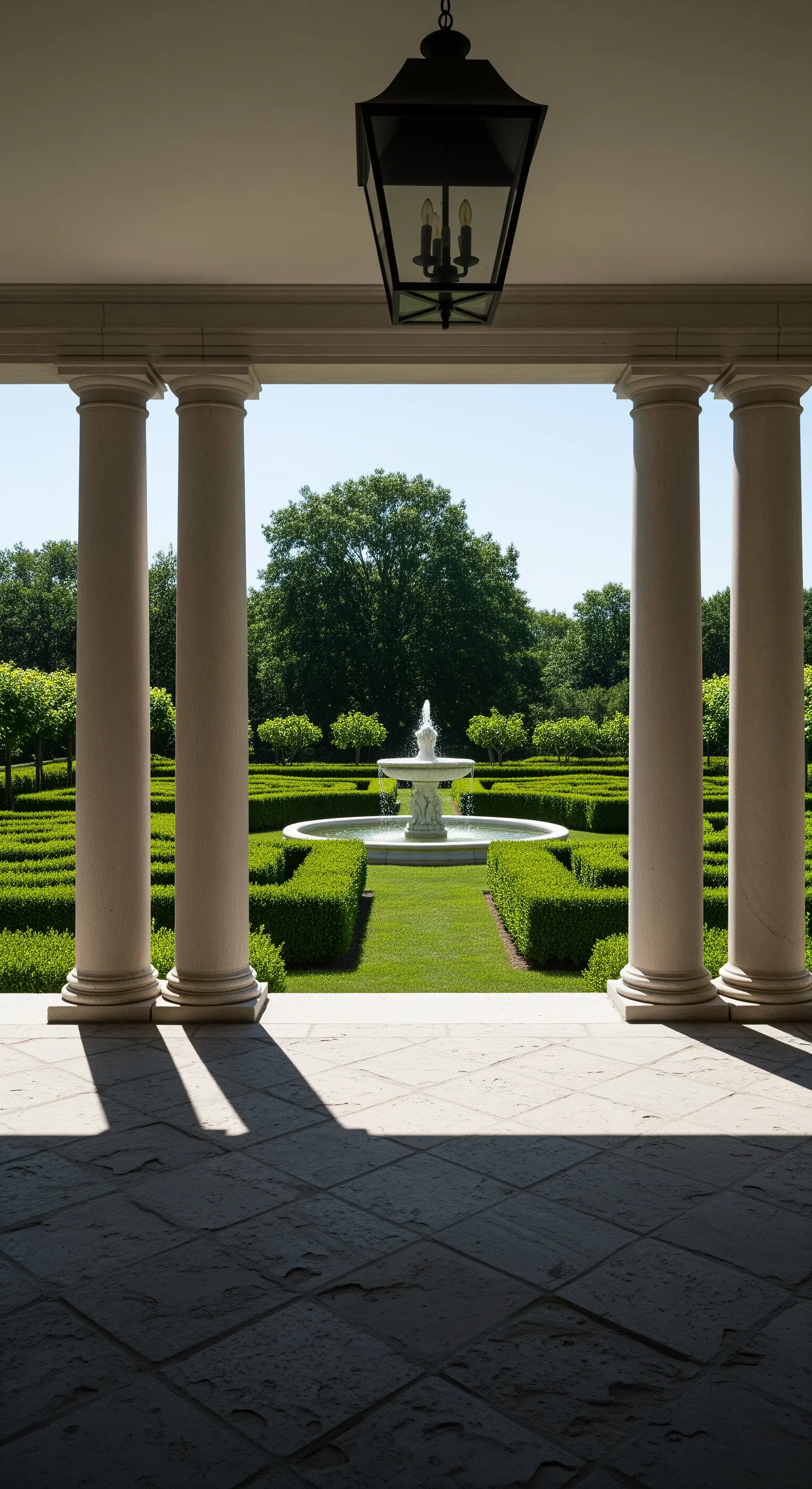 Vista di un giardino con fontana incorniciato dalle colonne di un portico in pietra.
