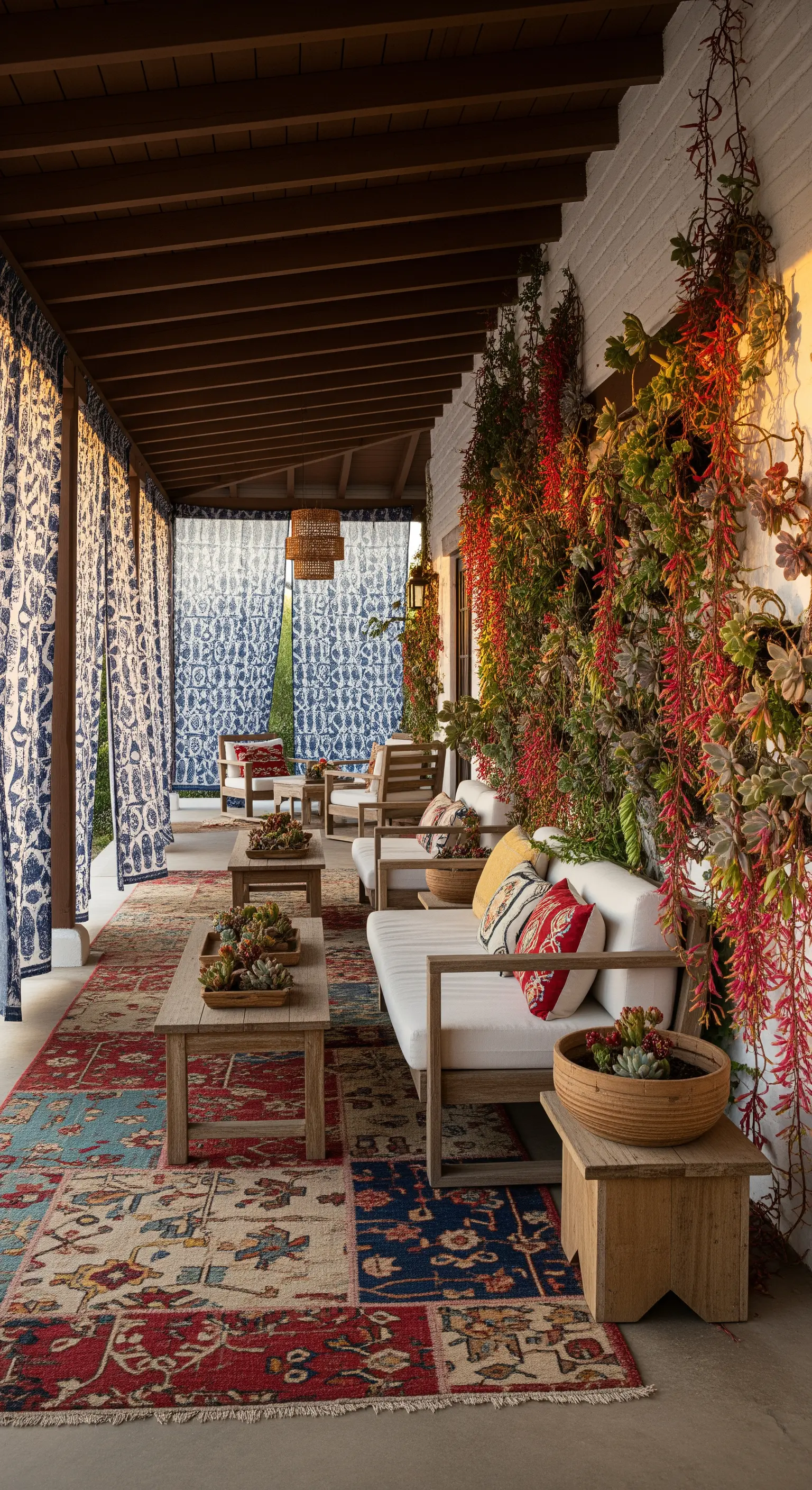 Lungo portico con divani bianchi, tappeti patchwork e tende a motivi blu e bianchi.