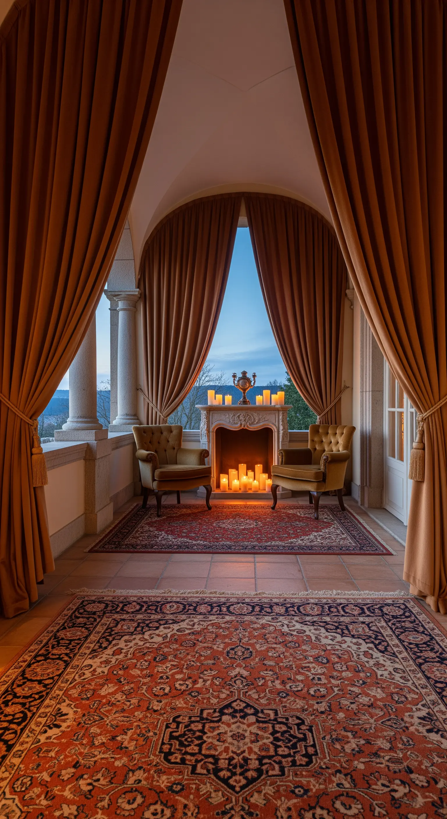 Portico elegante con poltrone in velluto, camino con candele e tappeti persiani.