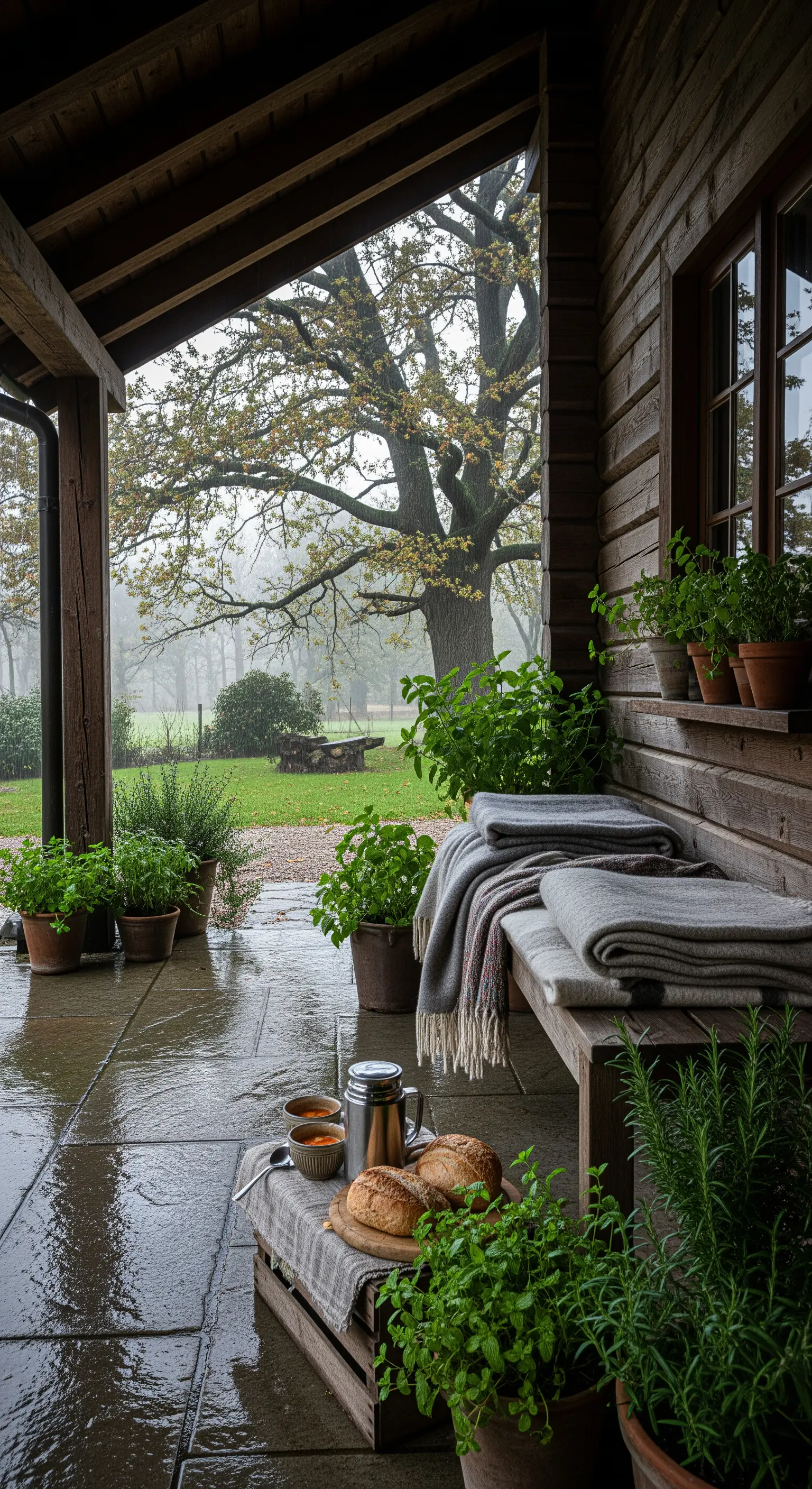 Portico in legno in un giorno di pioggia, con panca, coperte calde e vasi di erbe aromatiche.
