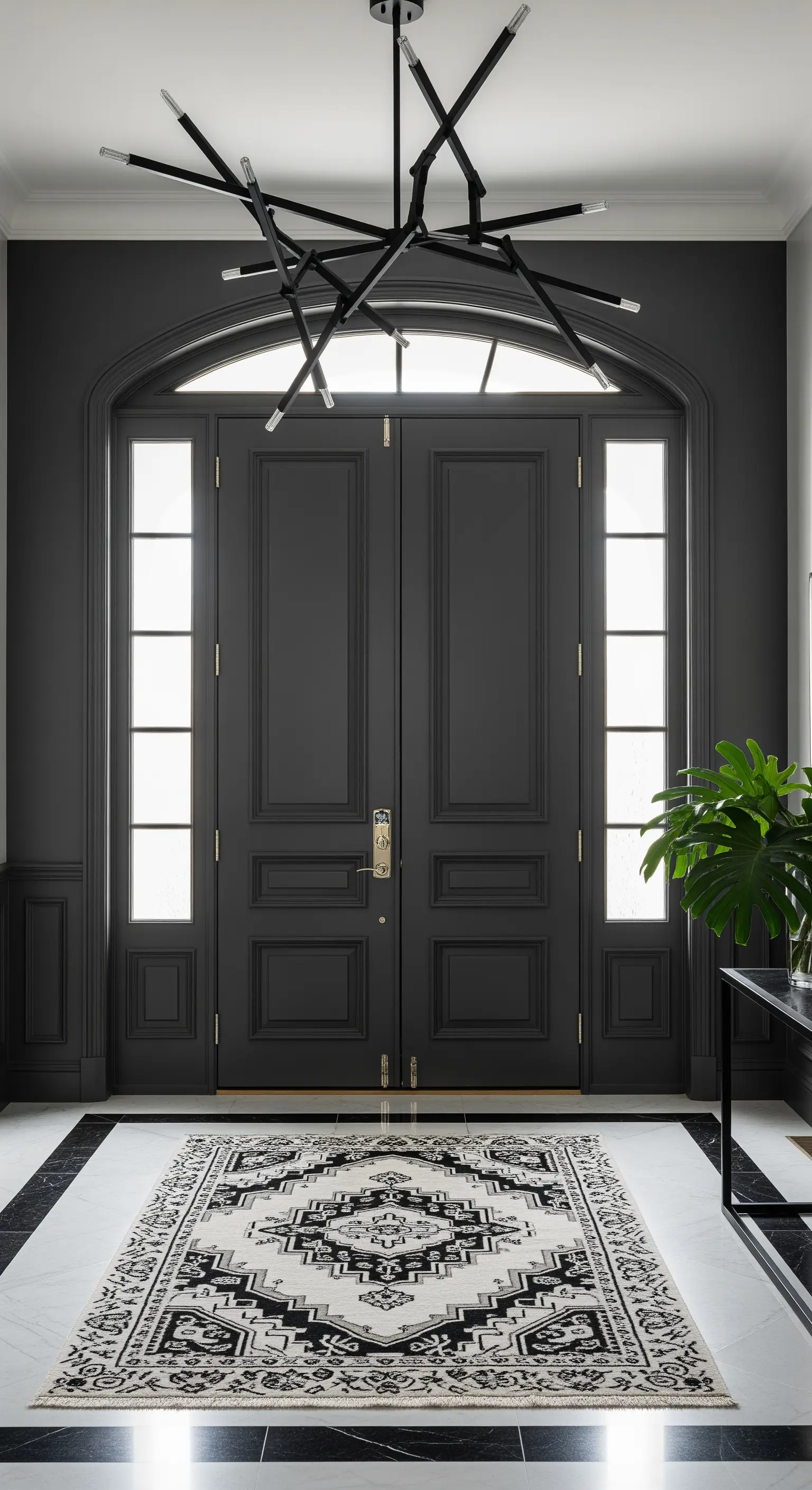 Ingresso total black con porte, pareti e modanature nere e lampadario di design.