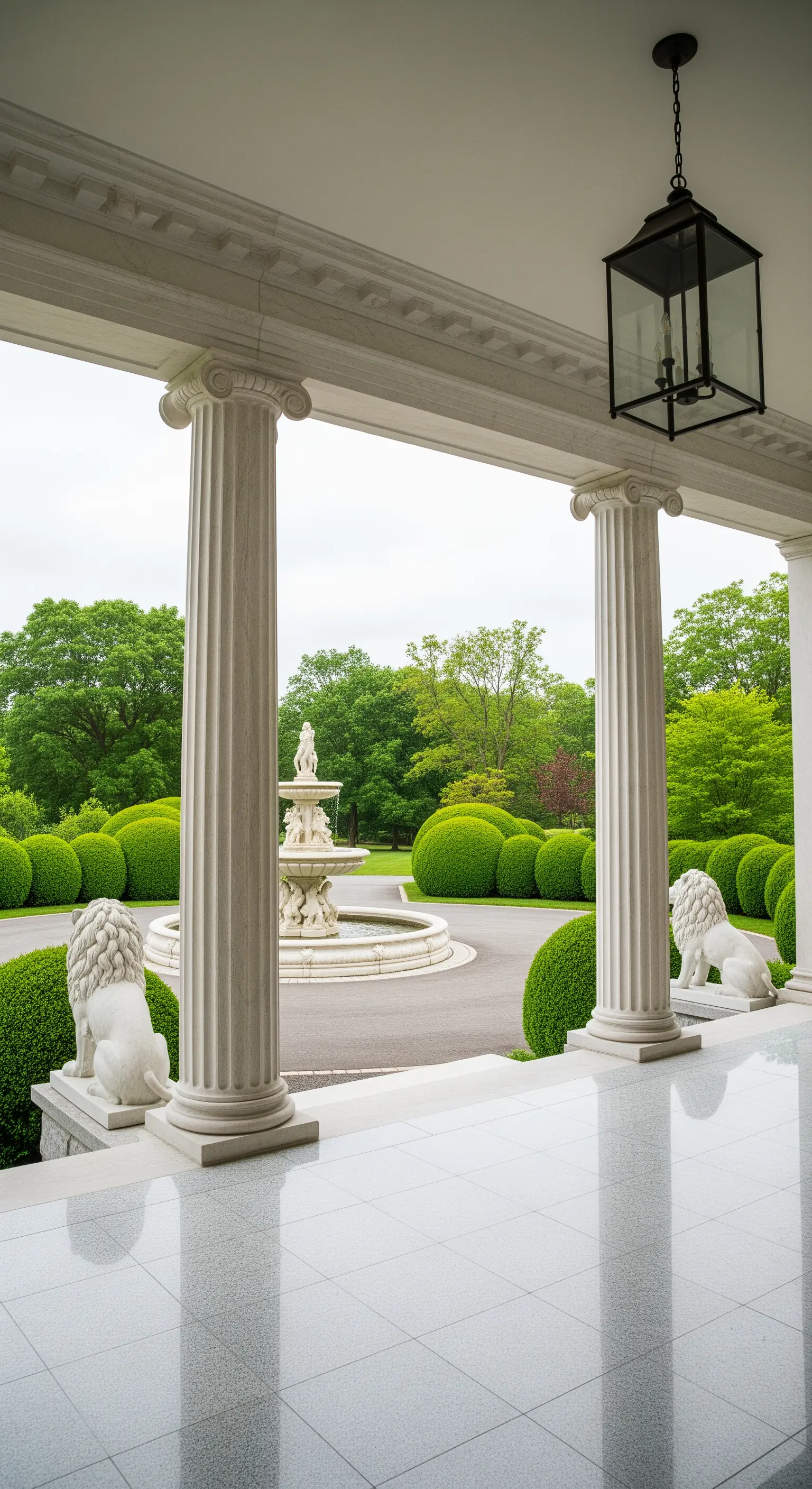 Portico bianco con colonne classiche, statue di leoni e pavimento lucido che riflette il giardino.