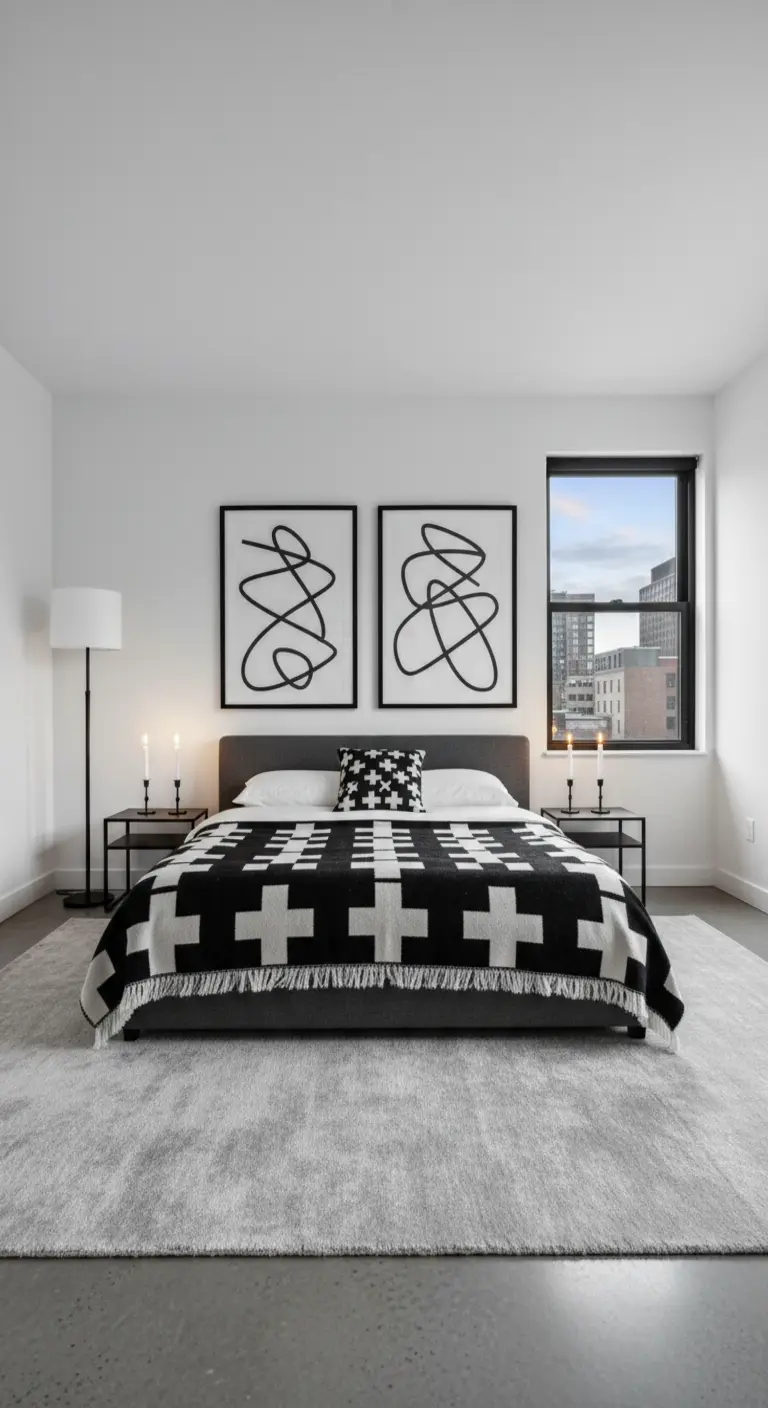 Camera da letto moderna in bianco e nero con una coperta a motivi geometrici e due quadri astratti.