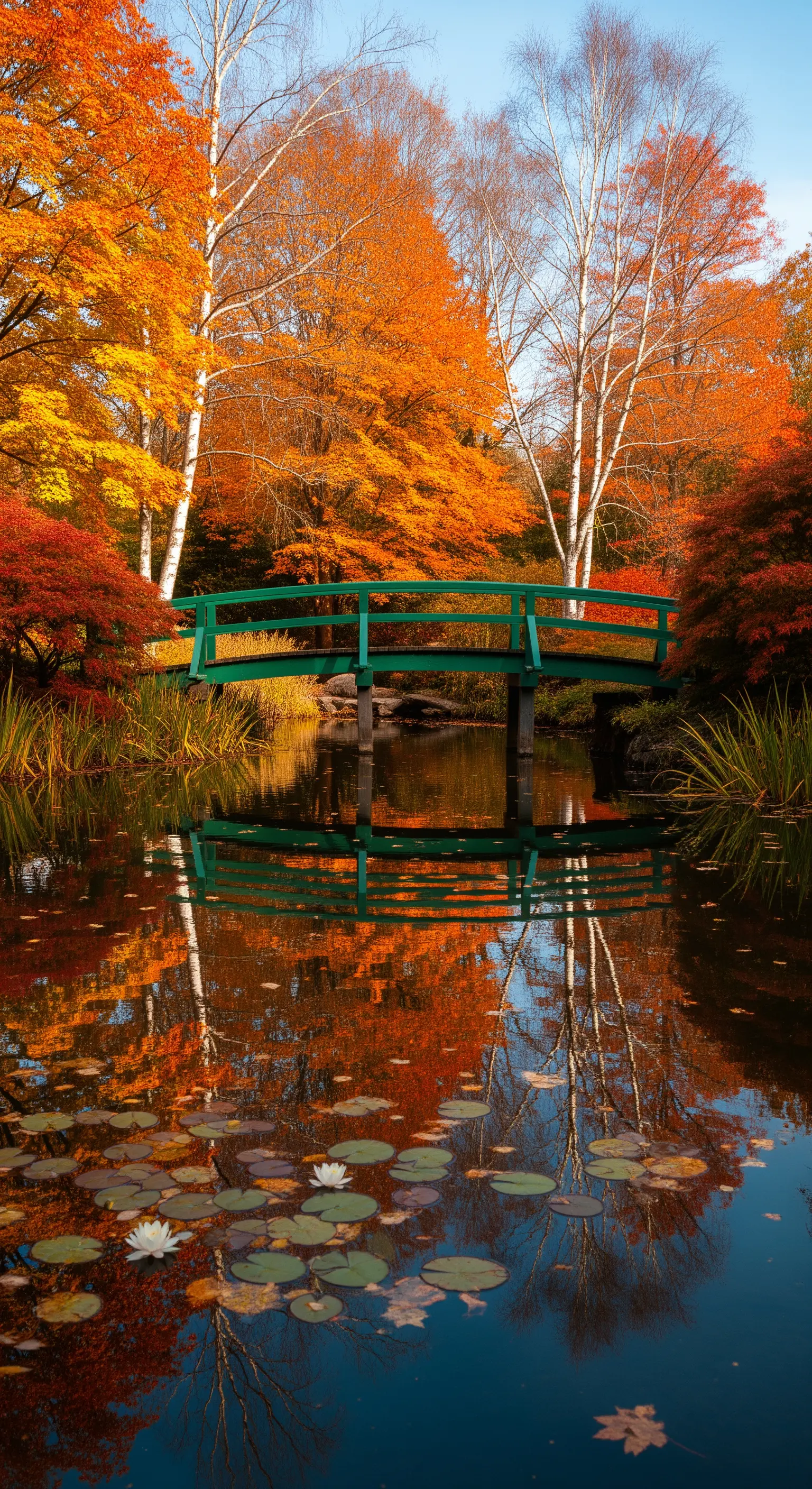 Ponte verde scuro che si riflette perfettamente nell'acqua circondato da alberi autunnali