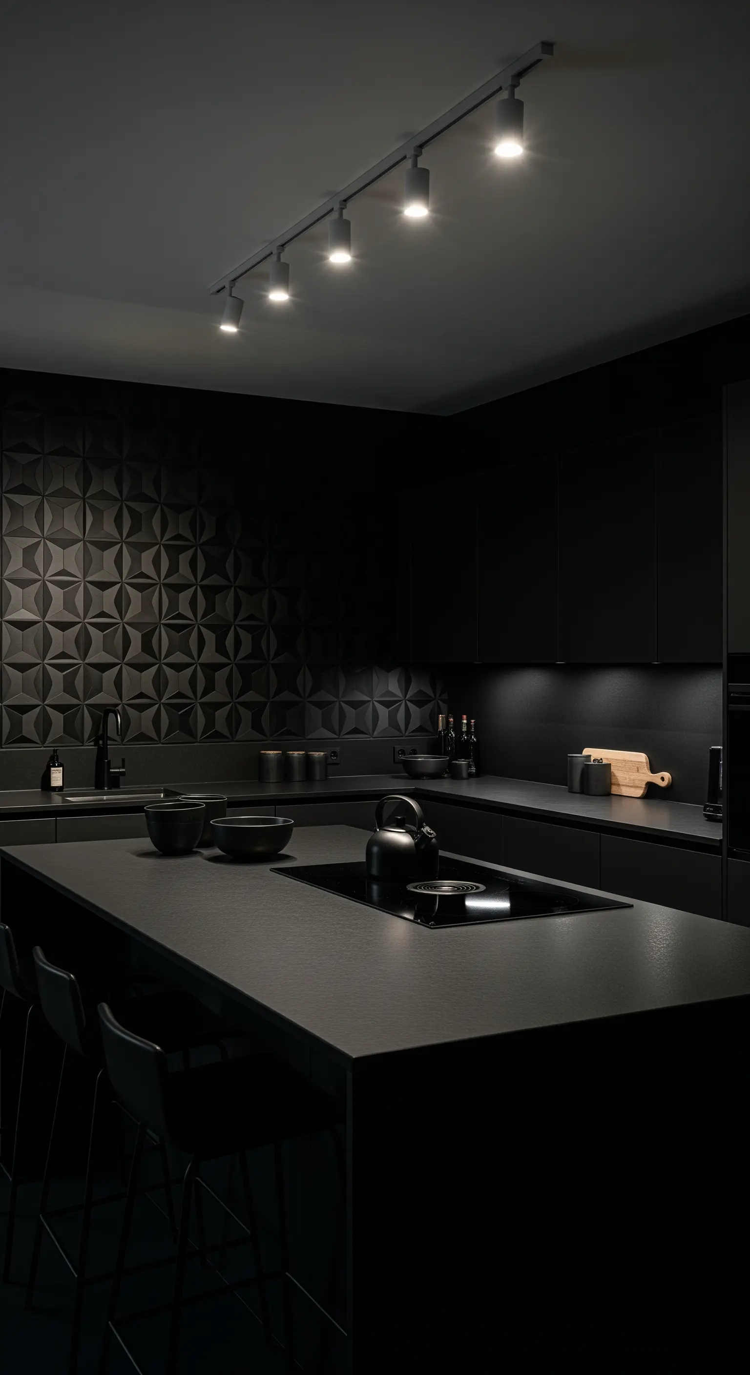 Cucina total black con paraschizzi in piastrelle 3D e illuminazione d'accento.