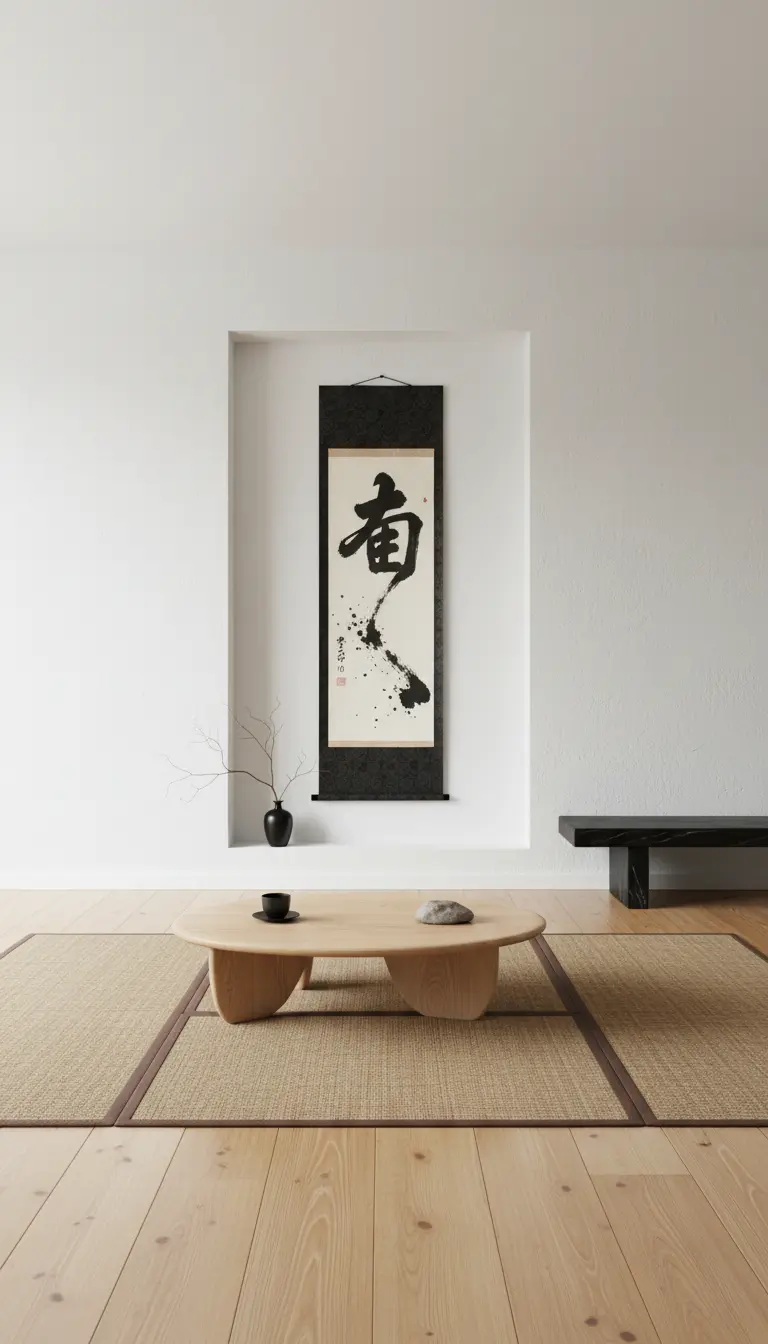 Salotto minimalista bianco con pergamena calligrafica come punto focale e tavolo in legno chiaro.