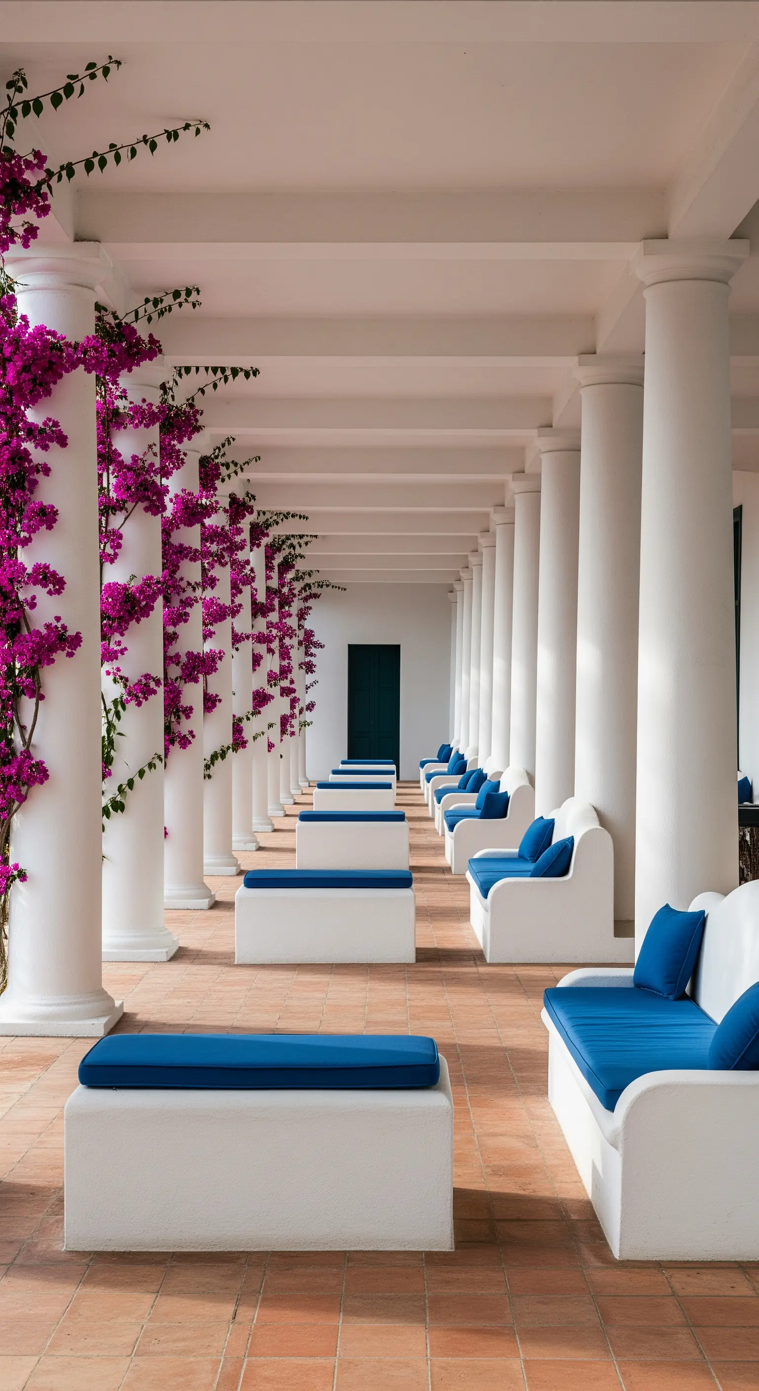 Lungo portico con una serie di colonne bianche e panche con cuscini blu