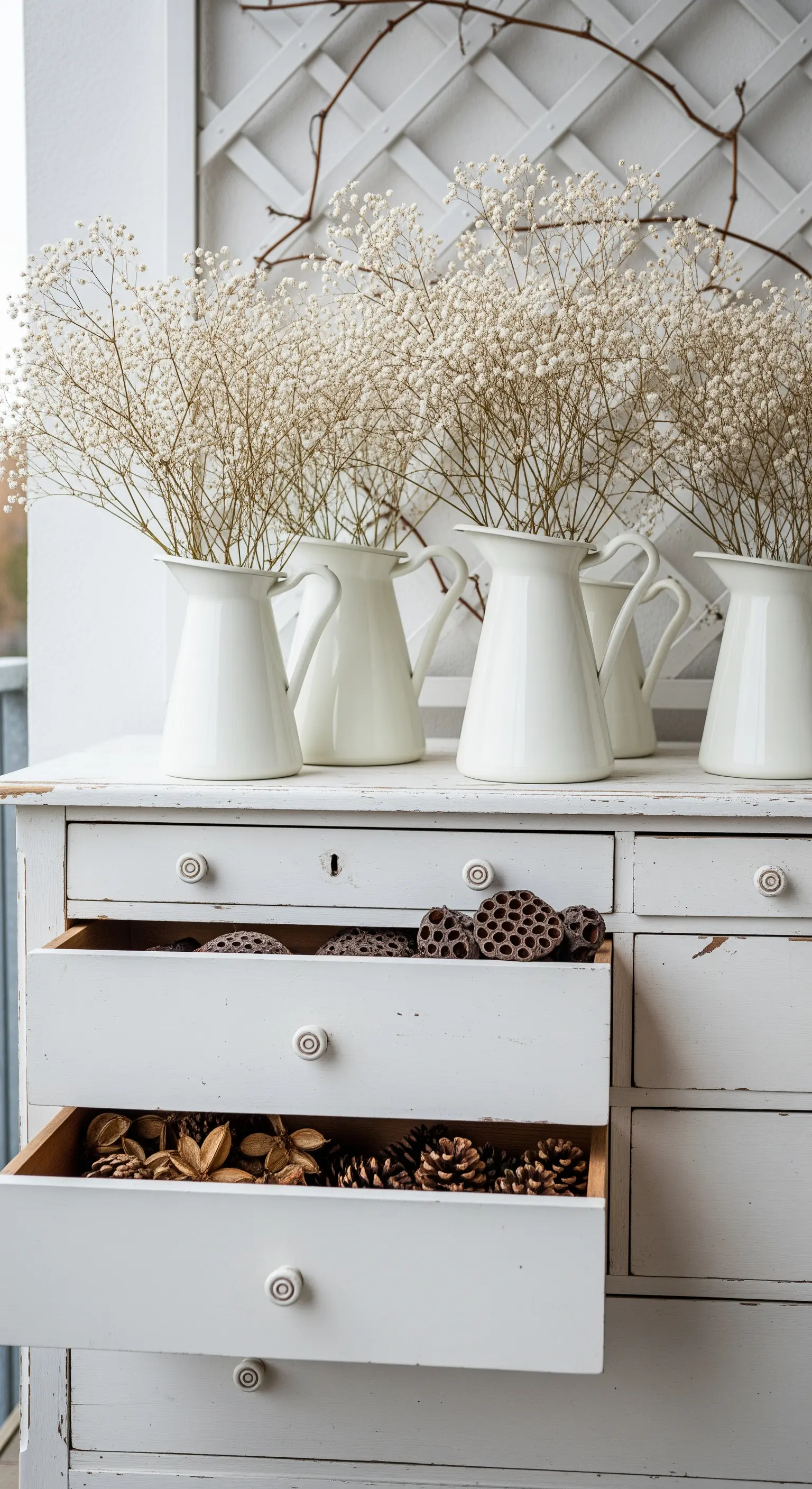 Cassettiera bianca shabby con brocche piene di gipsofila e cassetti aperti con pigne.