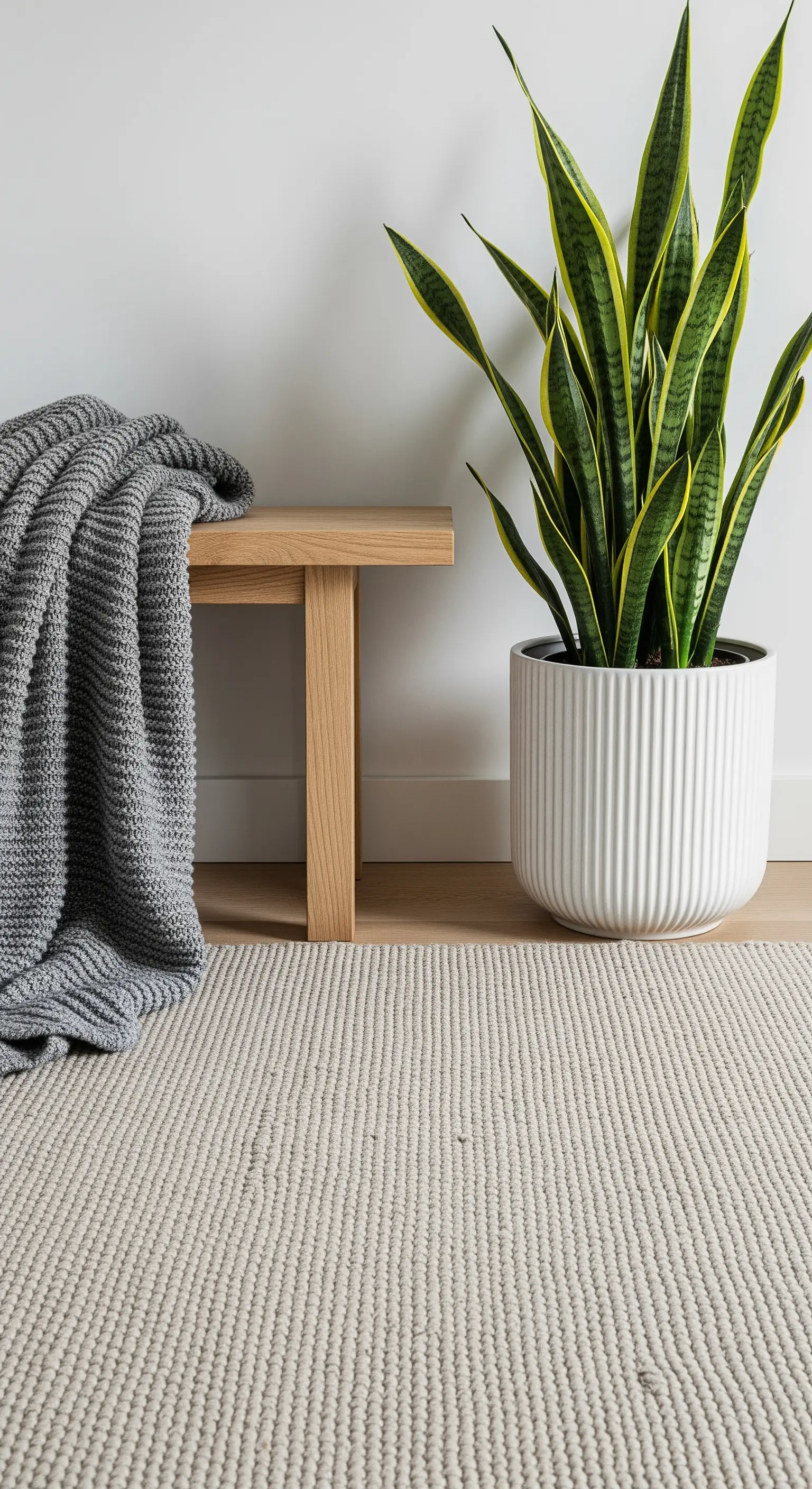 Dettaglio di un angolo d'ingresso con panca, plaid in maglia, pianta e tappeto texturizzato.