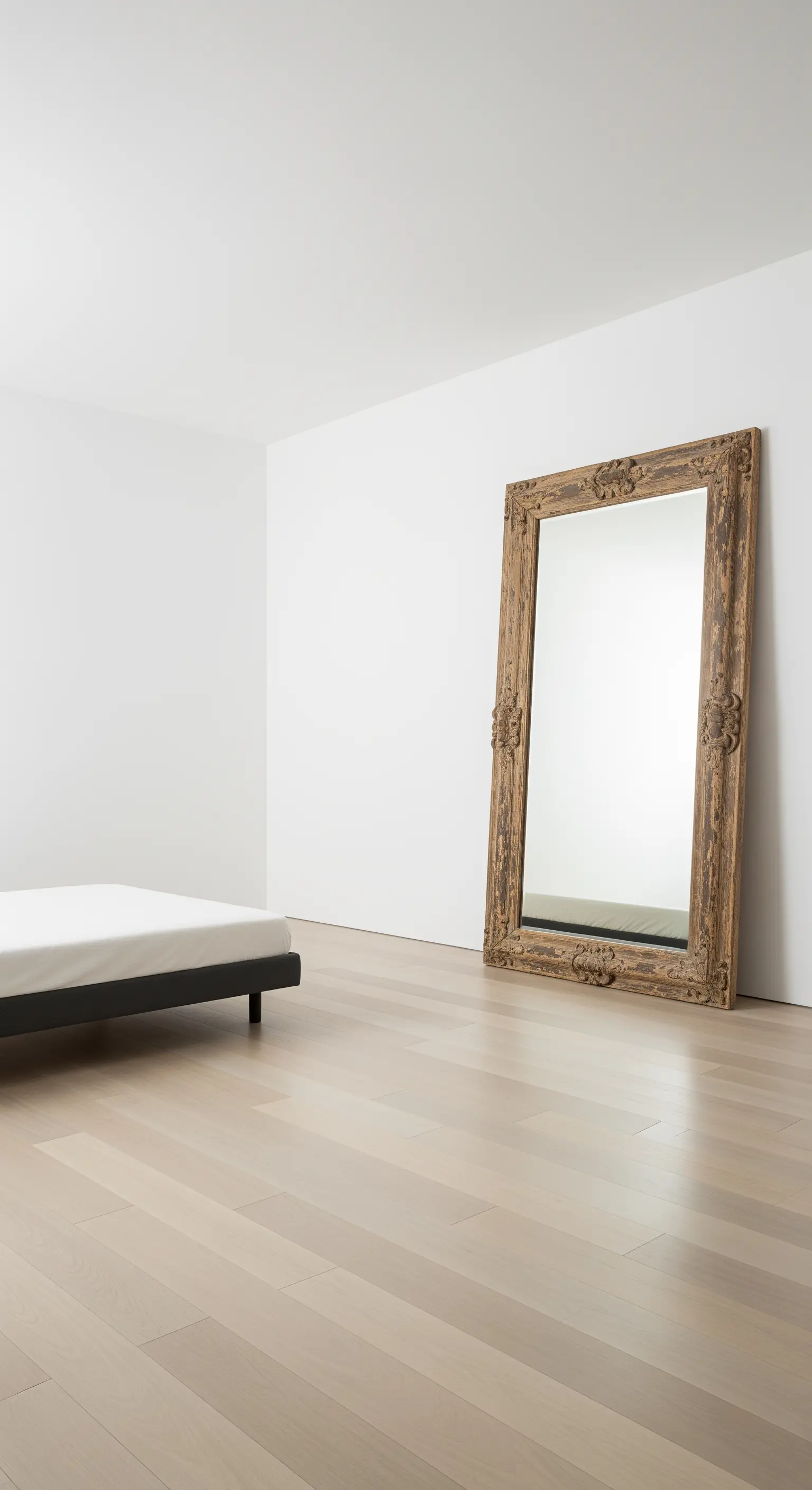 Specchio antico con cornice intagliata appoggiato a una parete in una stanza quasi vuota.