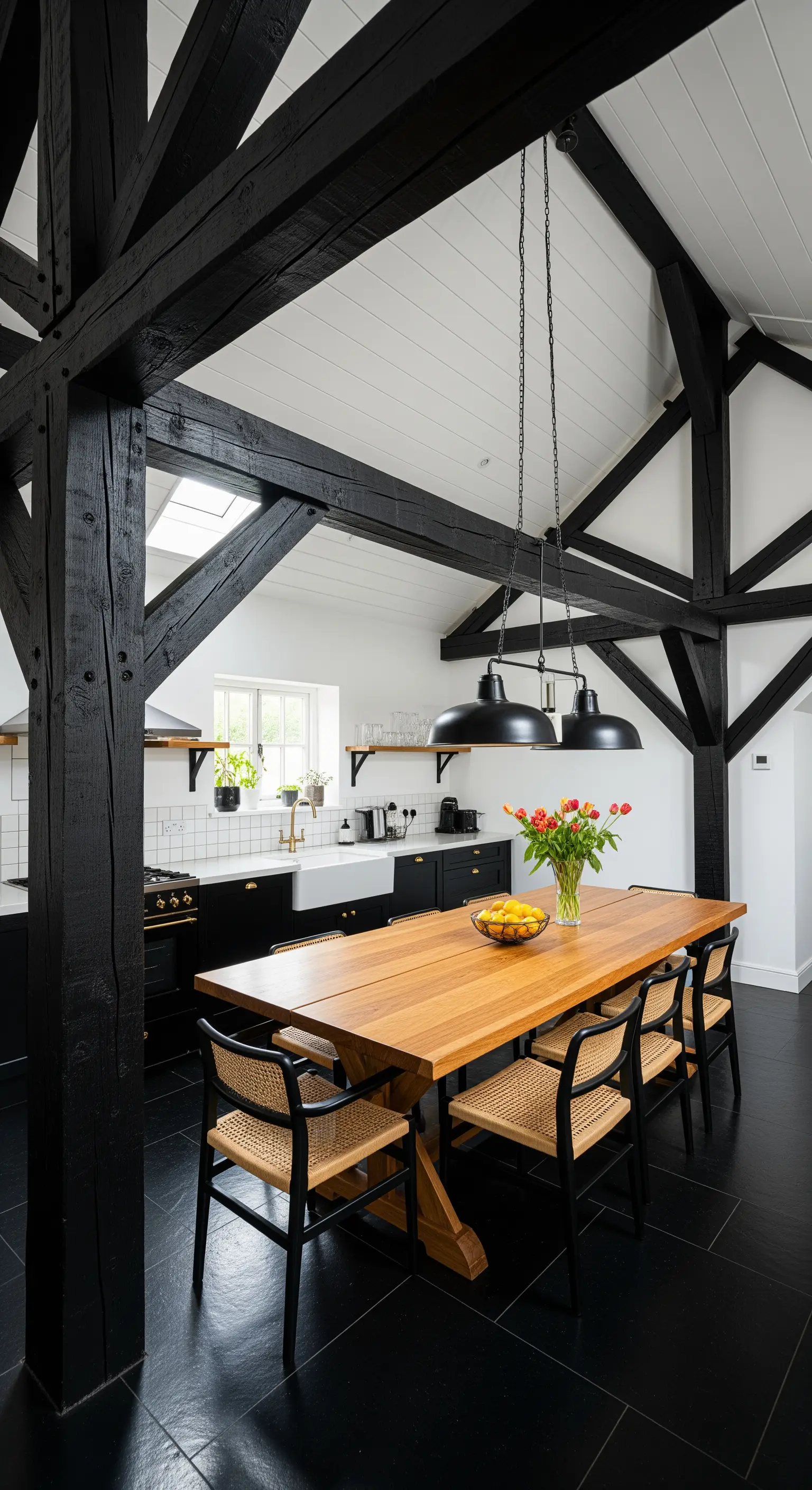 Cucina con imponente struttura di travi in legno verniciate di nero e arredi scuri.