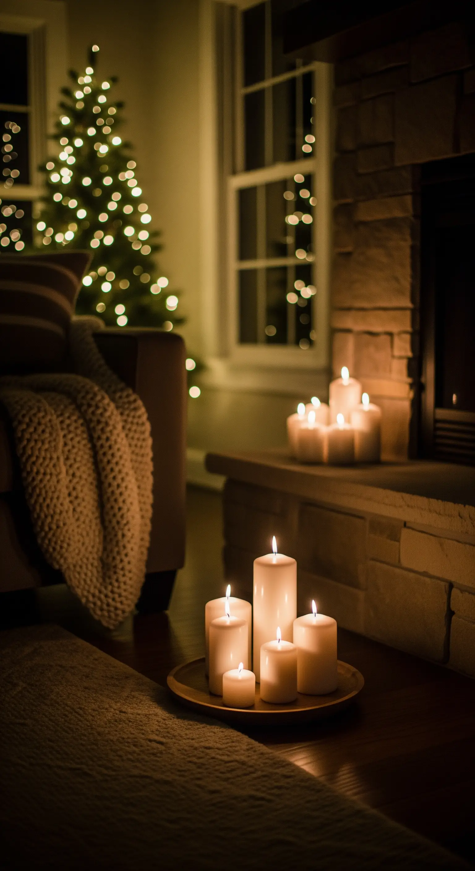 Gruppo di candele bianche accese vicino a un camino, con un albero di Natale sfocato.