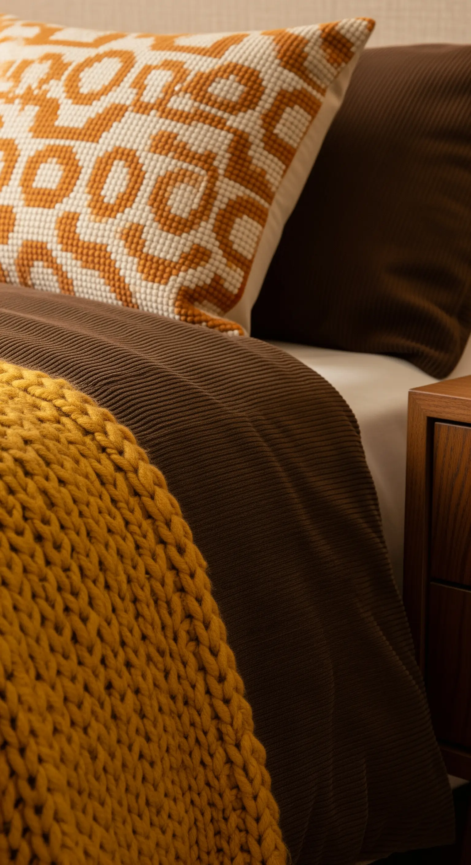 Dettaglio di tessuti sovrapposti: plaid a maglia senape, lenzuola marroni e cuscino a motivi.