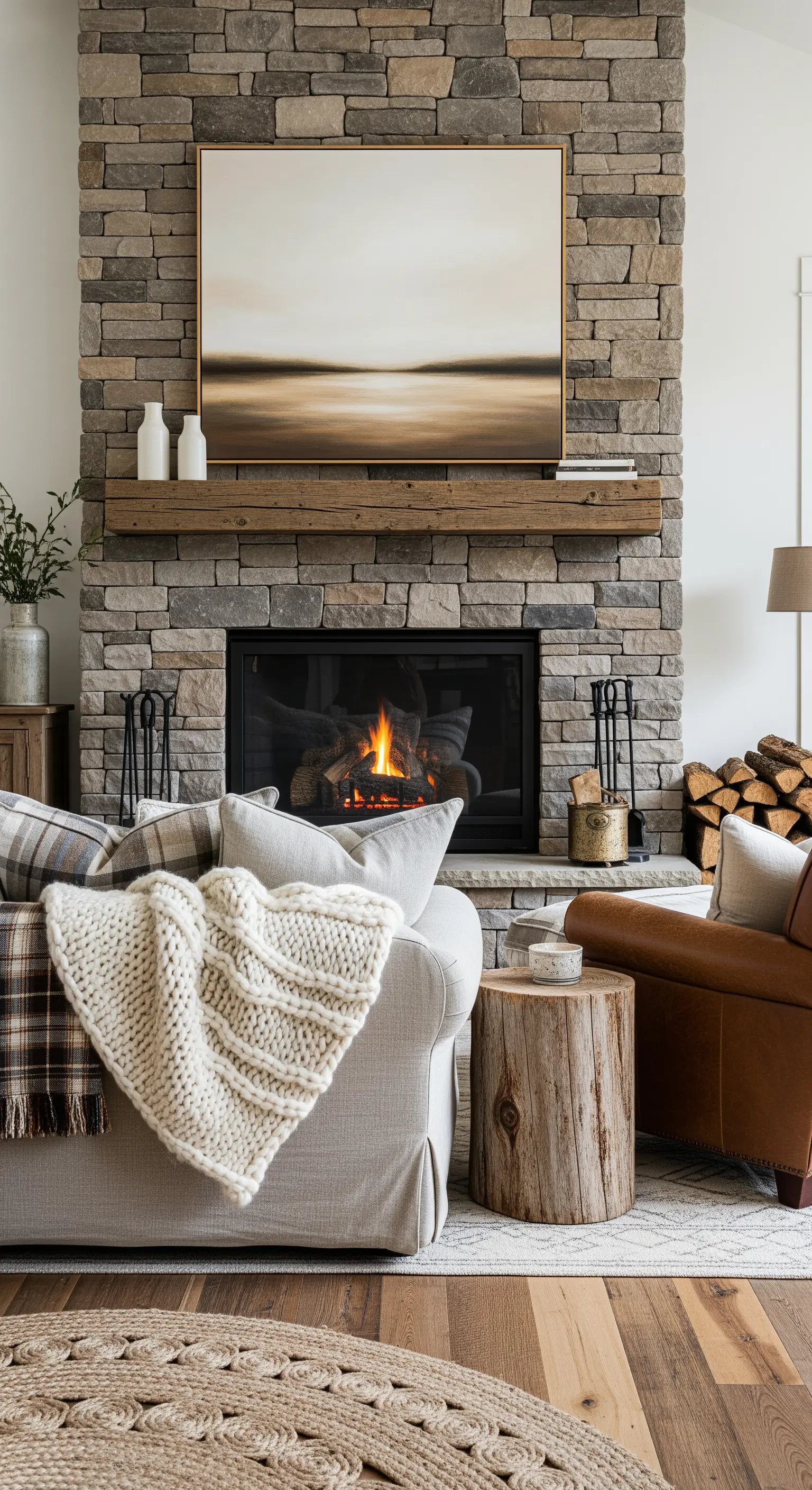 Primo piano di un plaid a maglia grossa su un divano di fronte a un camino in pietra.