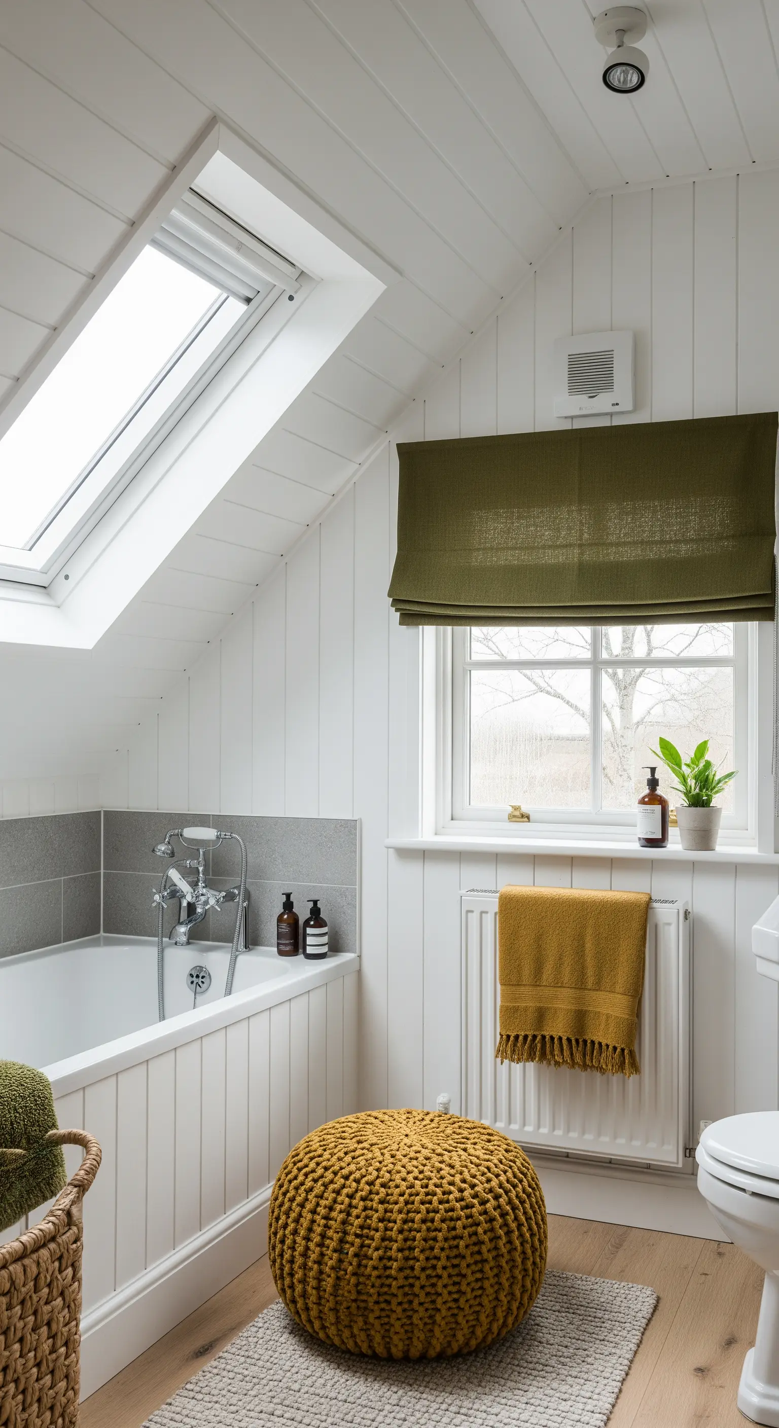 Bagno in mansarda con pareti bianche, pouf in maglia senape e tenda a pacchetto verde oliva.